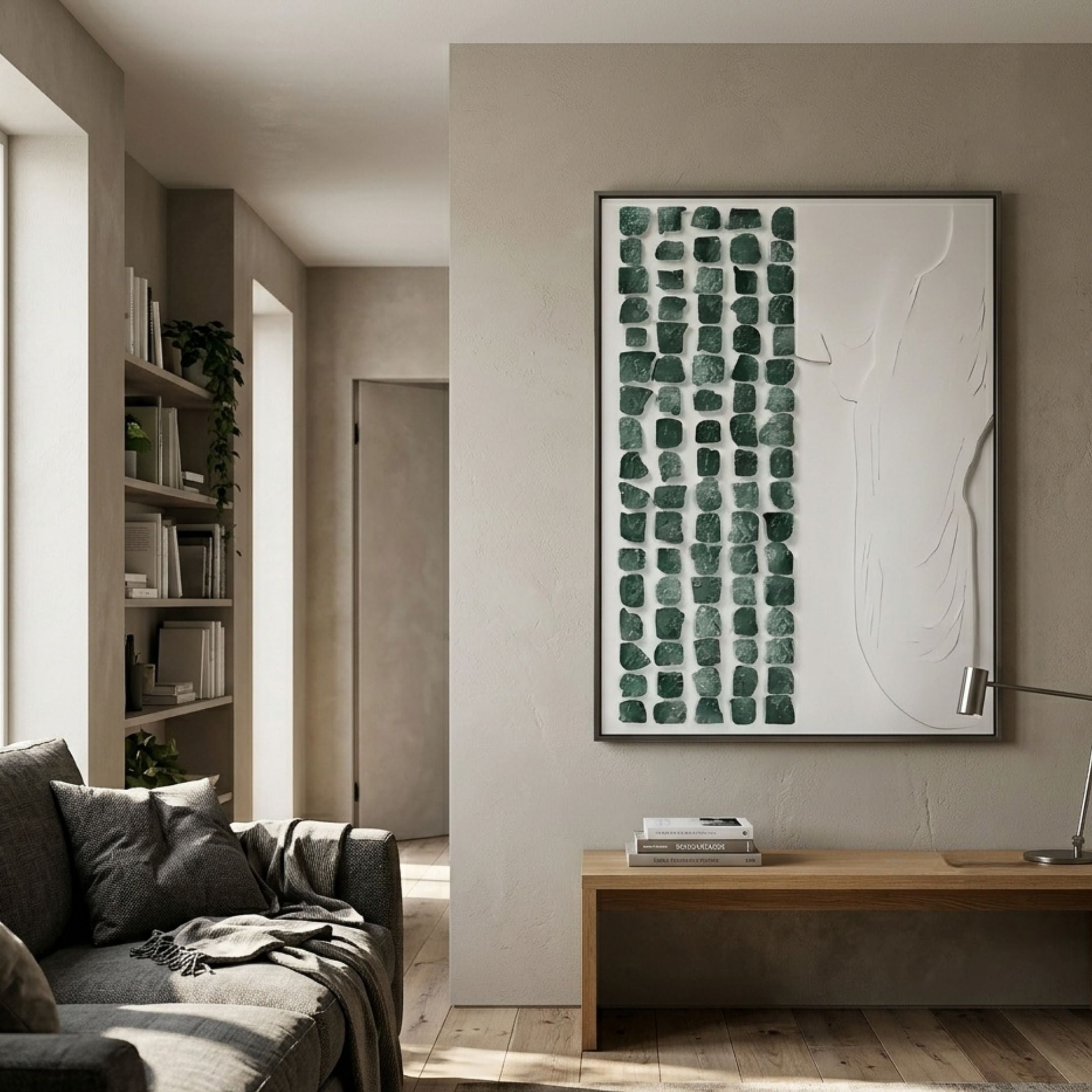 Aestilis Green & White Mosaic Wood Carving 3D Wall Art mounted in a neutral living room above a wooden bench, beside a grey sofa and built-in bookshelves.