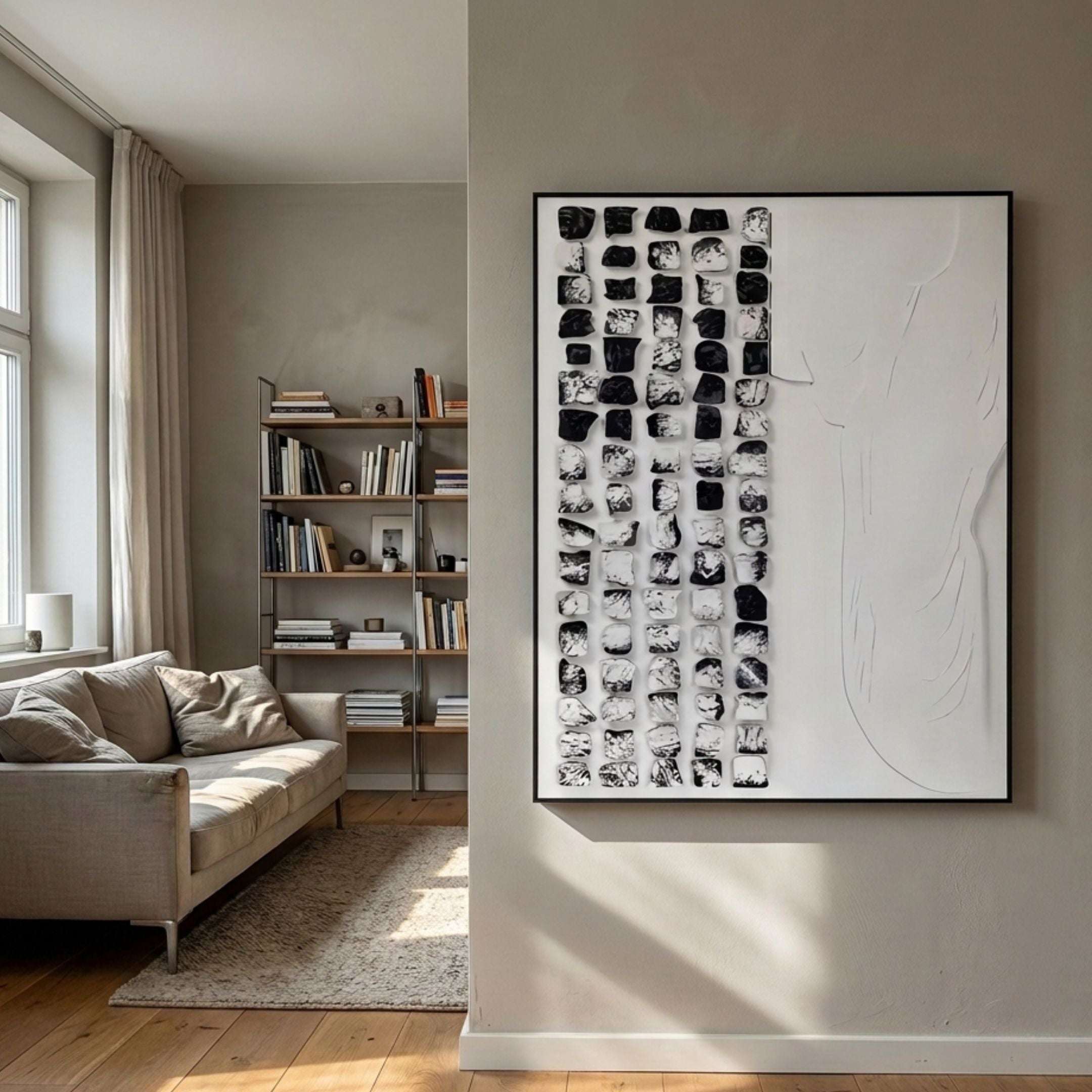 Aestilis Black & White Mosaic Wood Carving 3D Wall Art by Giant Sculptures displayed in a neutral living room beside a linen sofa and bookshelf.
