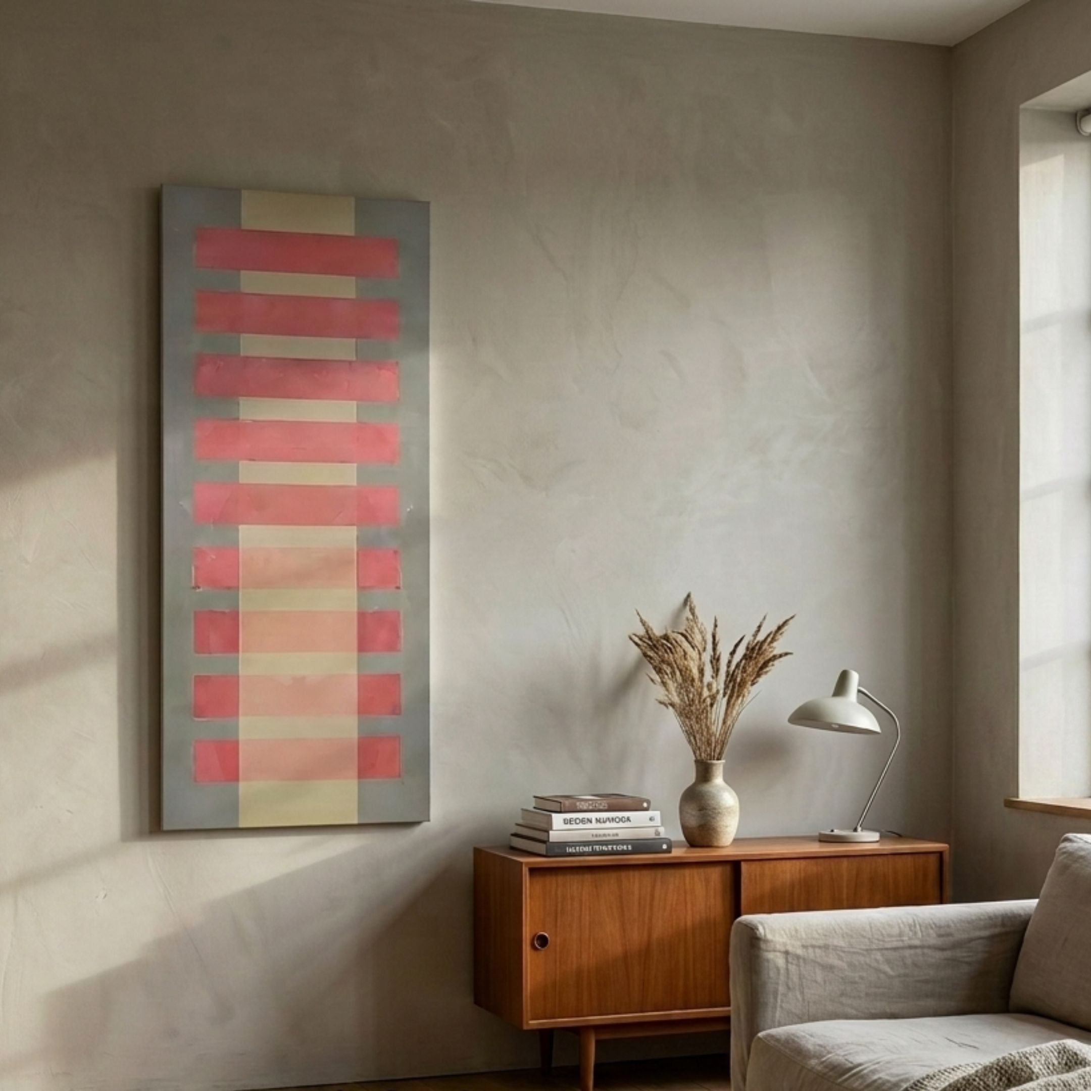 Lineris Red & Beige Layered Abstract Oil Painting by Giant Sculptures displayed on a beige wall above a mid-century teak sideboard with dried pampas and lamp.