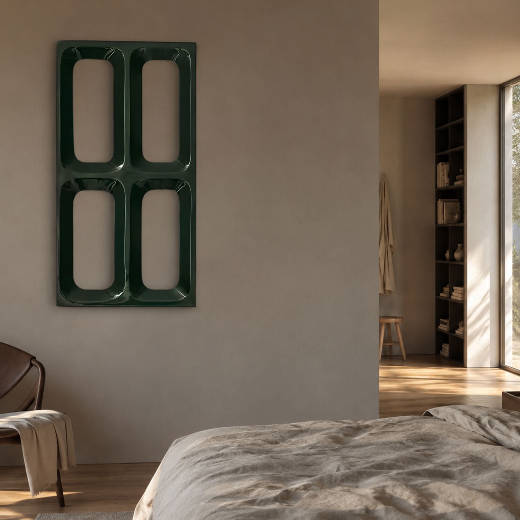 Lineris Green Glossy Wood Relief 3D Wall Art by Giant Sculptures mounted on a beige bedroom wall beside a linen-dressed bed and dark wood shelving.