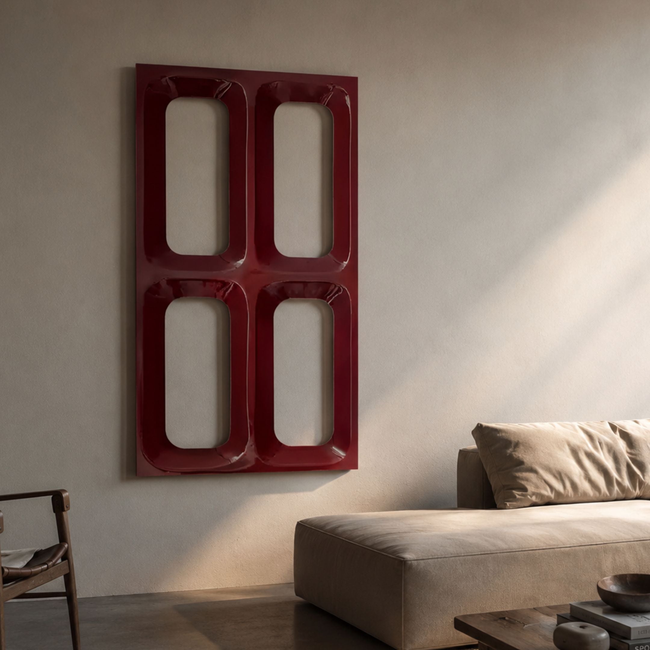 Lineris Red Glossy Wood Relief 3D Wall Art by Giant Sculptures, featuring four recessed rectangular cavities in a high-gloss red lacquered panel, mounted above a beige sofa.