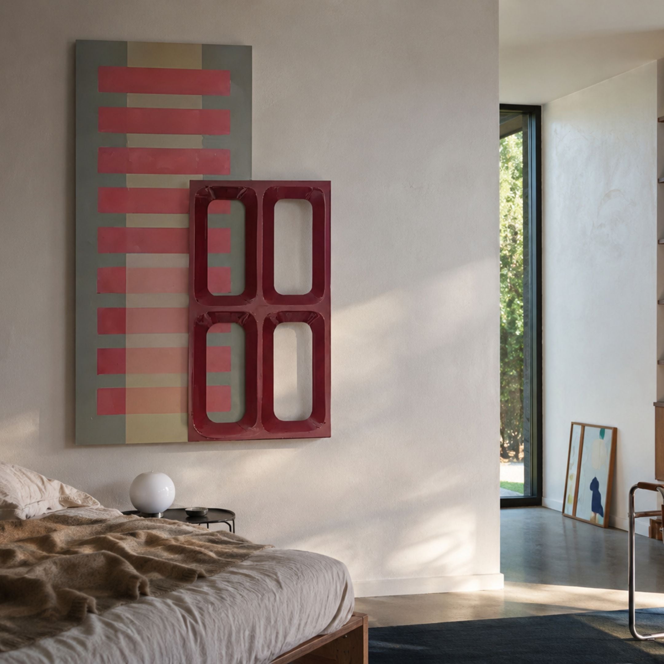Lineris Red Oil Painting & Glossy Wood Relief 3D Wall Art by Giant Sculptures, shown above a bed with red and beige stripes layered under a glossy red cutout panel.