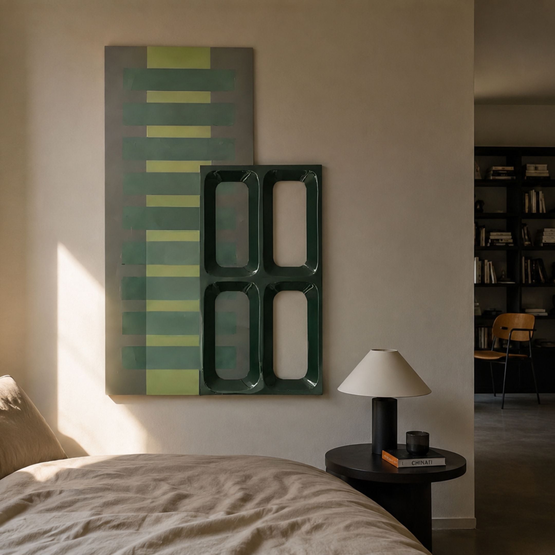 Lineris Green Oil Painting & Glossy Wood Relief 3D Wall Art mounted above a bedside table with lamp, beside a linen bed in a sunlit bedroom.
