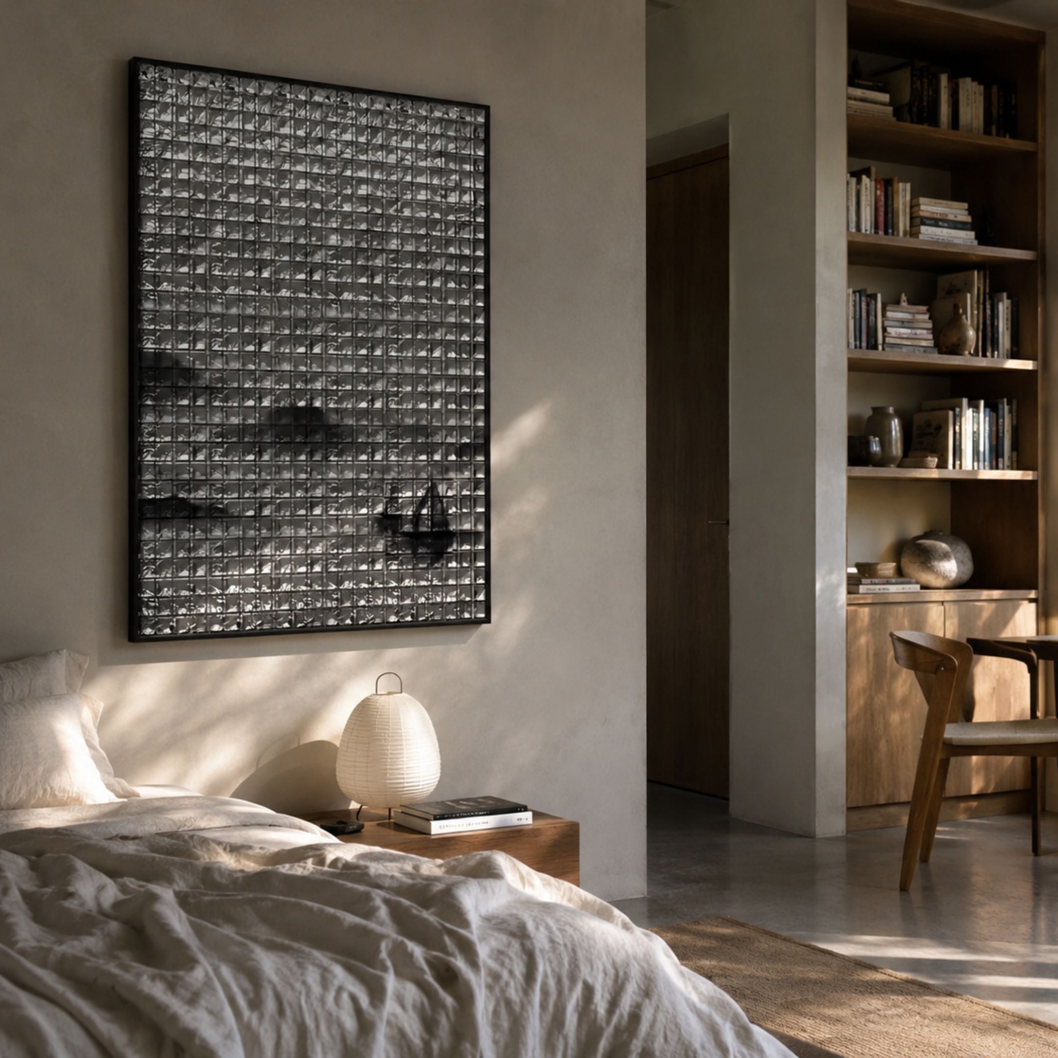 Synova Silver II Hand-Painted Wood Relief 3D Wall Art by Giant Sculptures, mounted above a bed with a paper lantern, beside built-in bookshelves in a warm room.