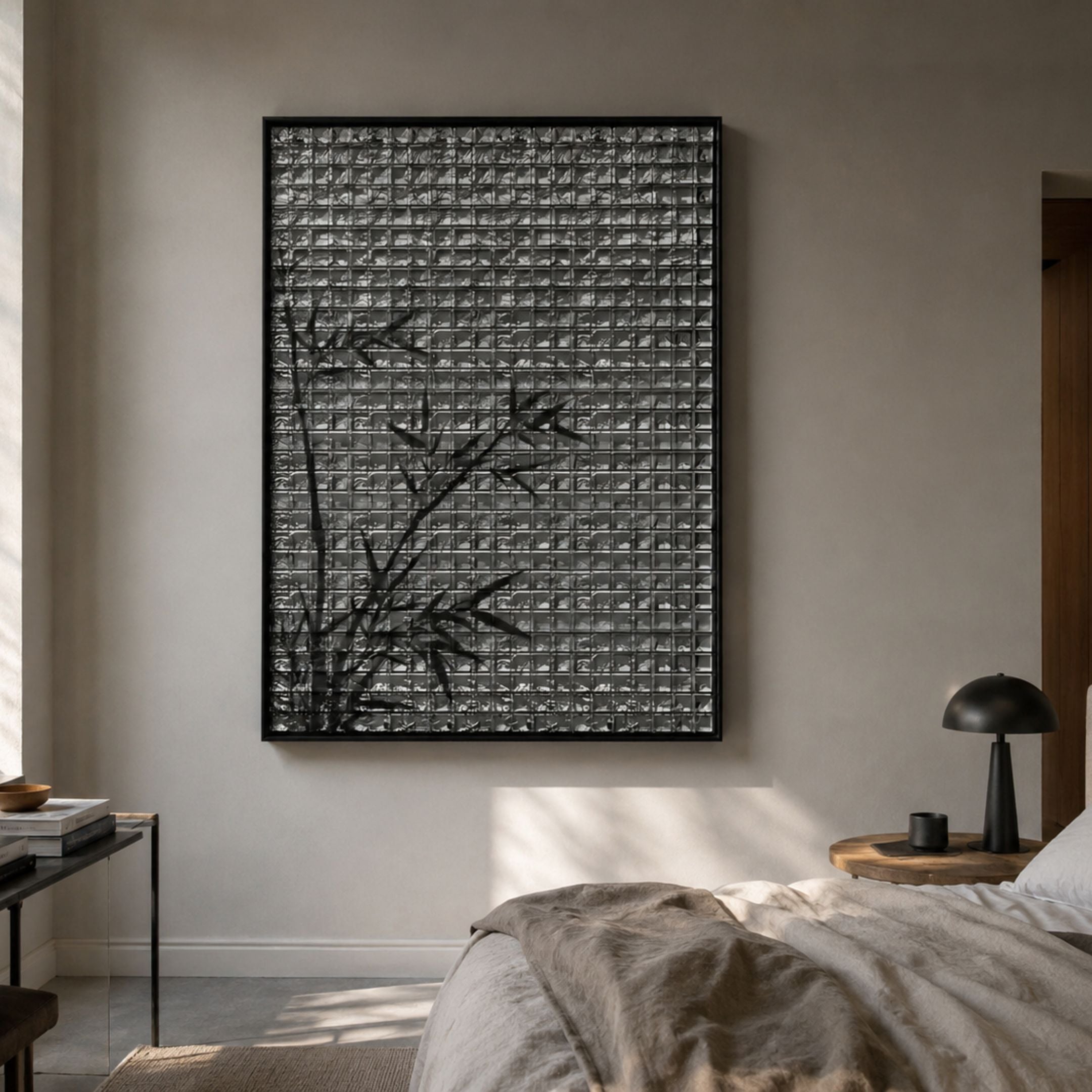 Synova Silver I Hand-Painted Wood Relief 3D Wall Art with silver grid and black bamboo silhouettes, mounted above a bed in a neutral bedroom.