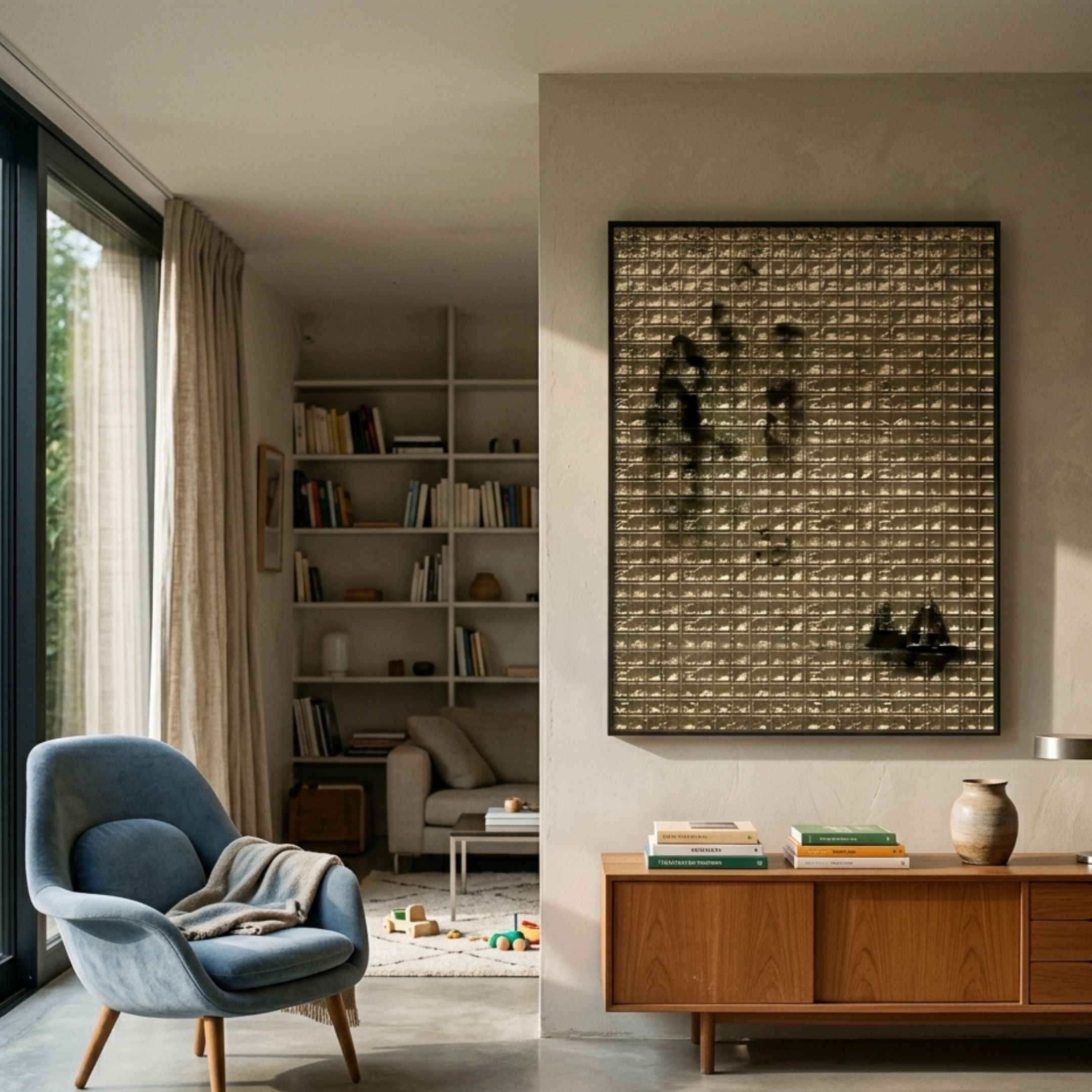 Synova Gold II Hand-Painted Wood Relief 3D Wall Art by Giant Sculptures, gold grid with dark brushwork, mounted above a walnut sideboard in a modern living room.