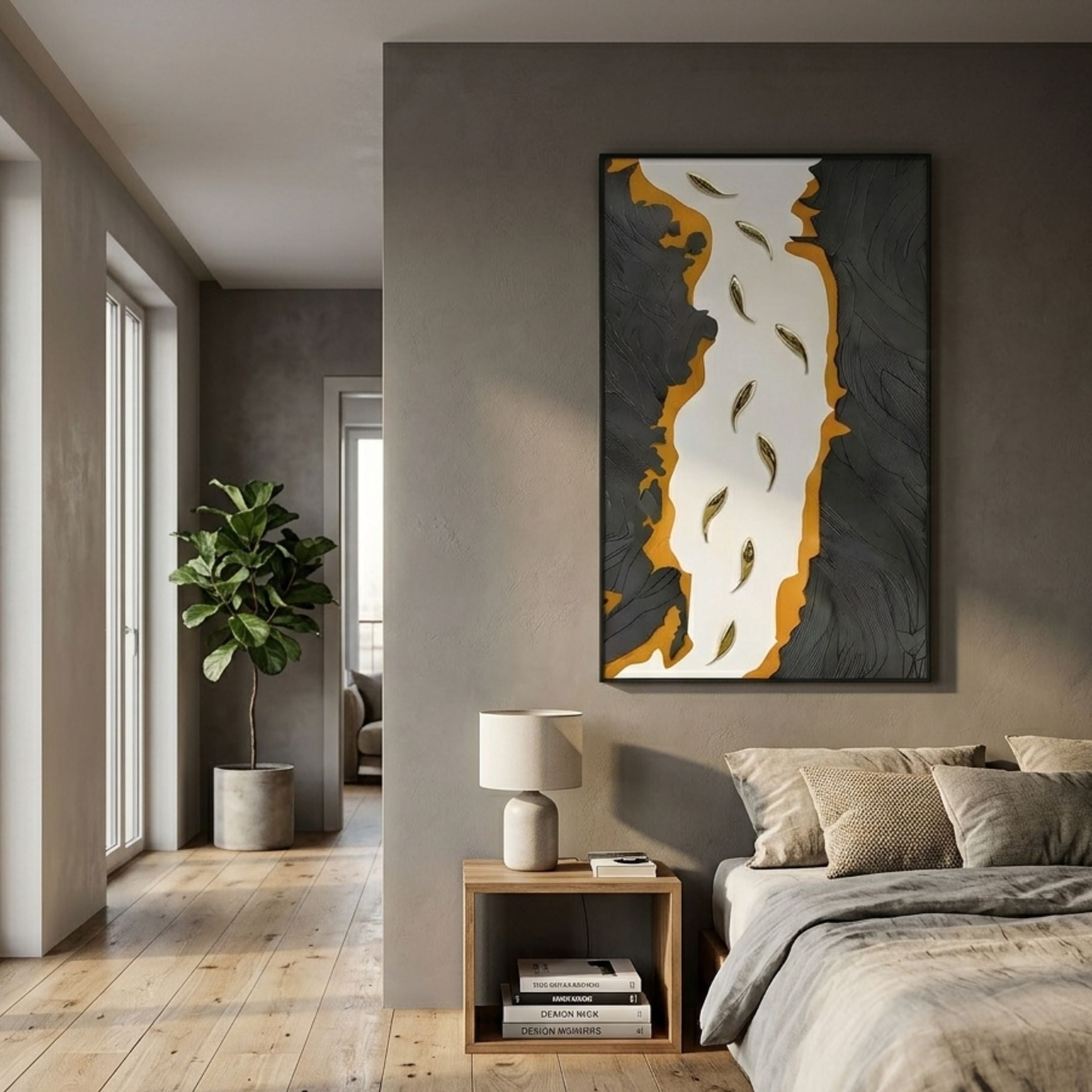 Prosper Black & Amber Metallic Fish 3D Relief Wall Art by Giant Sculptures displayed above a bedside table in a modern bedroom with a fiddle leaf fig.