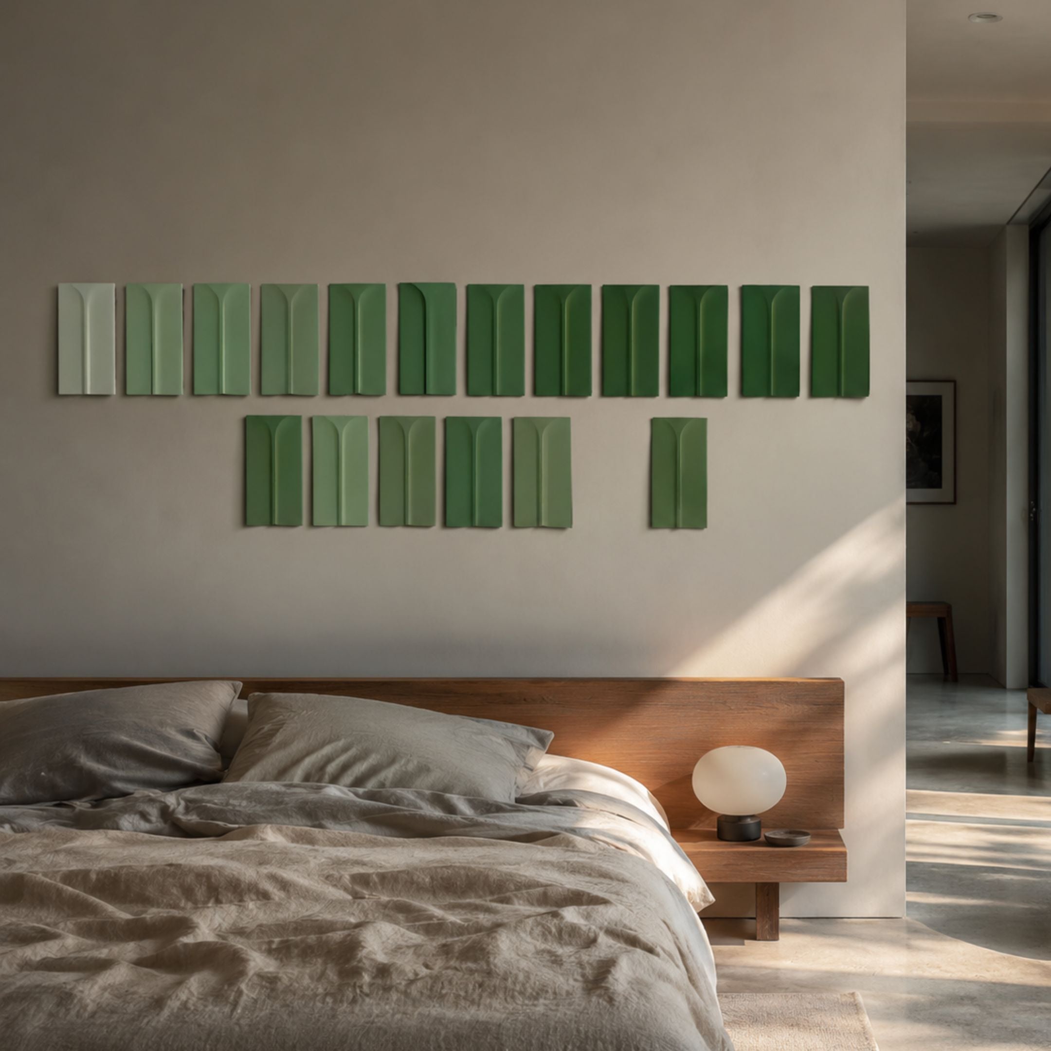 Eximia Green Tones Multi-Panel Wood Relief 3D Wall Art by Giant Sculptures mounted above a wooden bed with linen bedding in a calm Nordic bedroom.