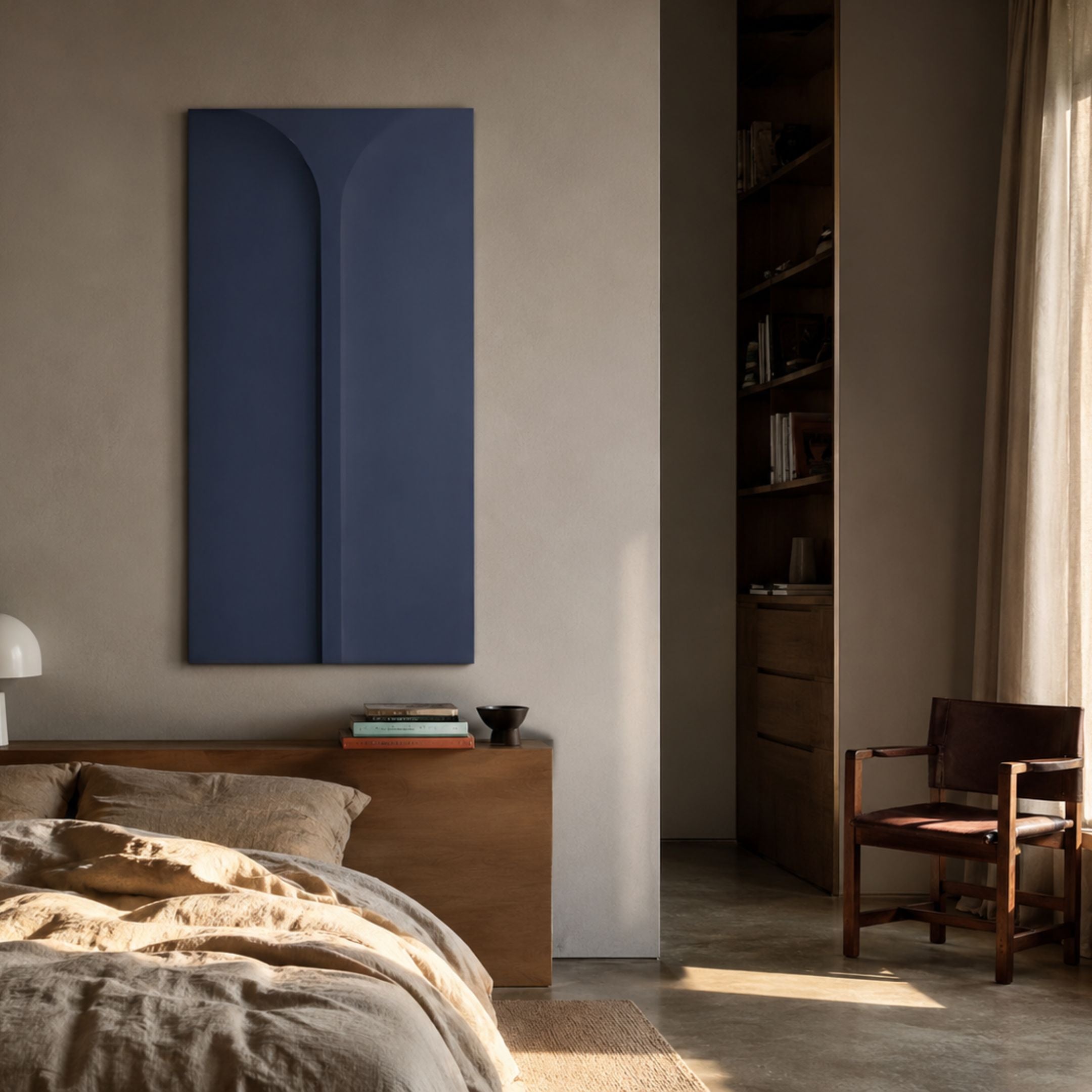 Eximia Blue Minimalist Wood Relief 3D Wall Art by Giant Sculptures mounted above a wooden bedside cabinet in a warm neutral bedroom with linen bedding.