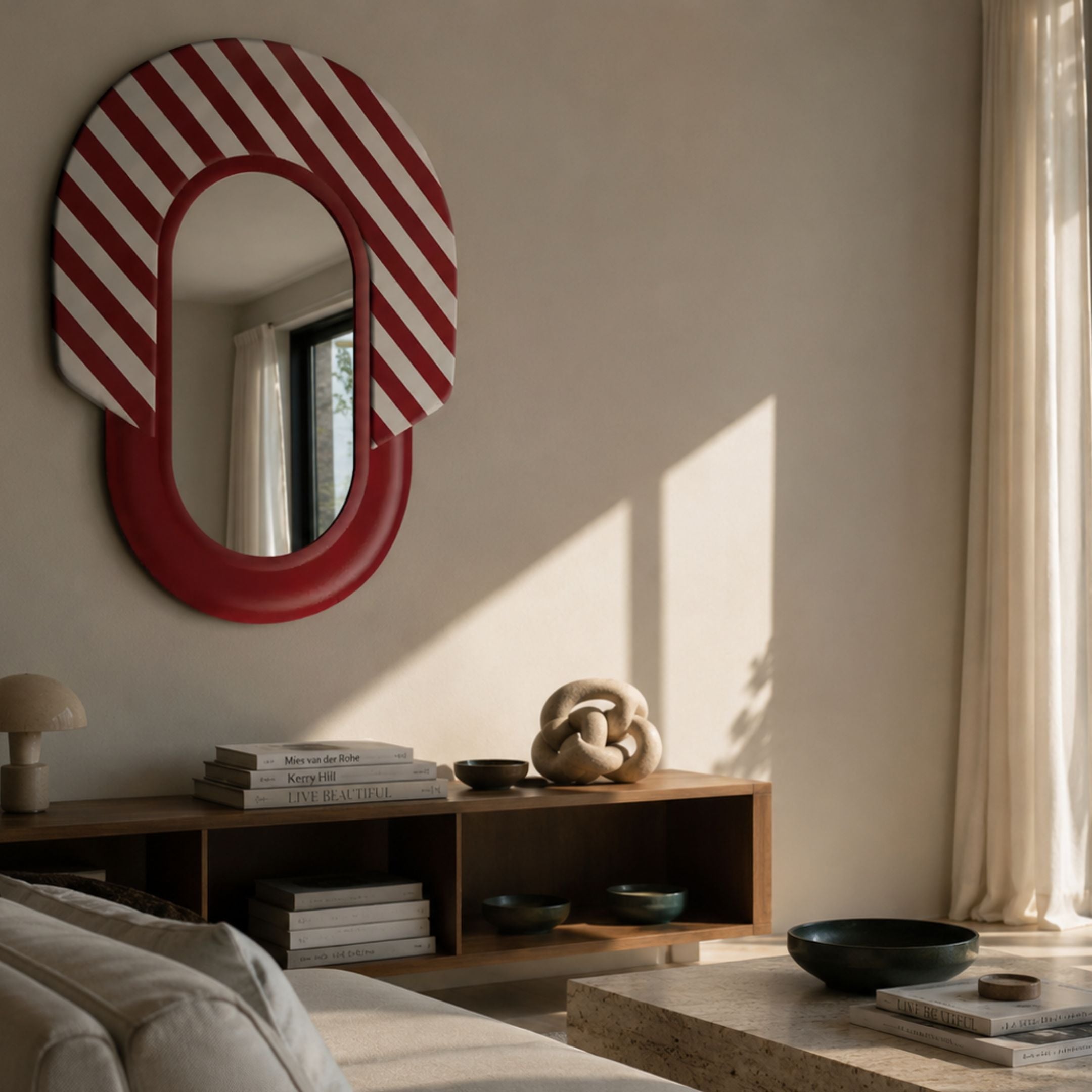 Arcus Red & White Striped Mirror 3D Wooden Wall Art mounted above a wooden console with books and sculptural decor in a sunlit living room.