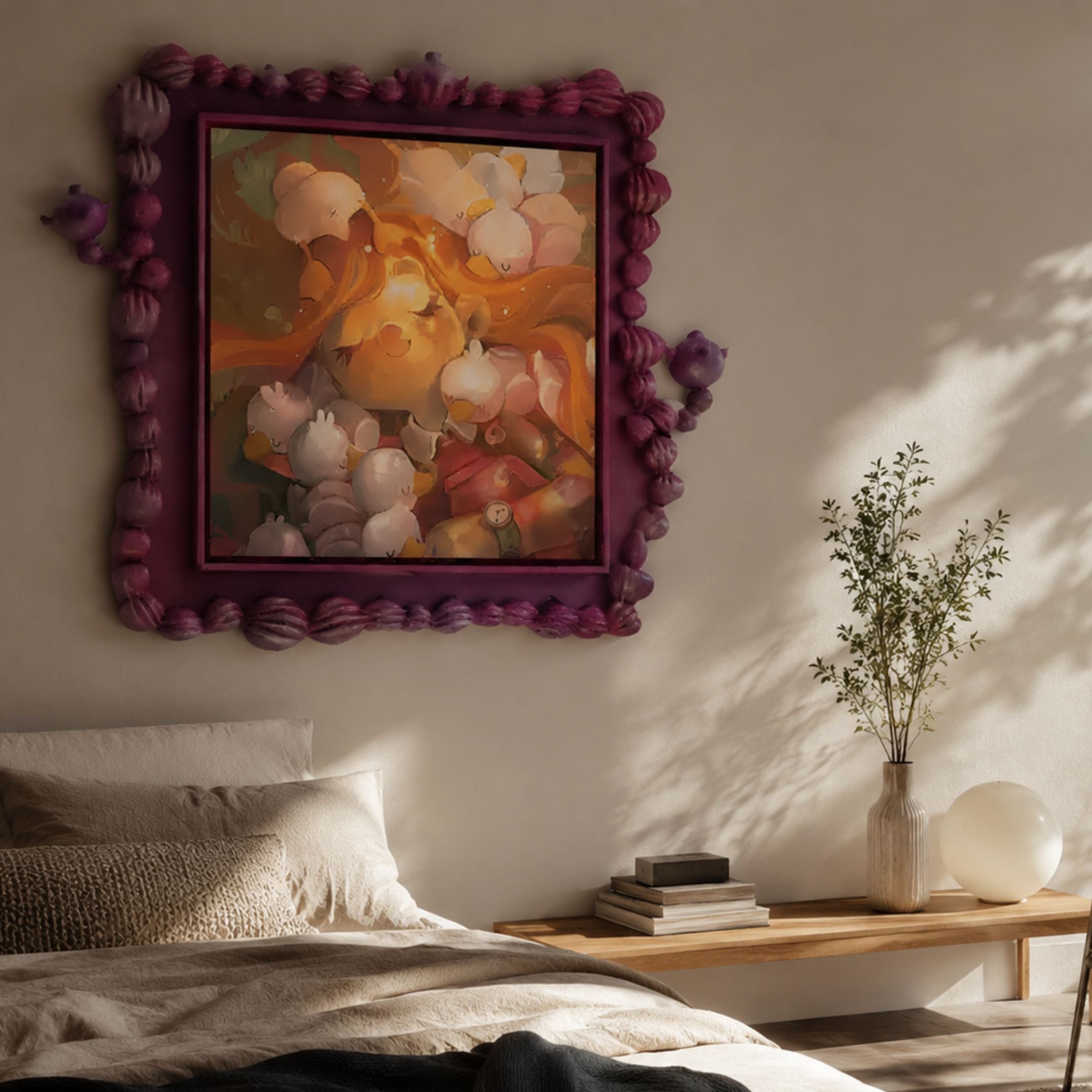 Fabula Cotton Blossom Sleep Anime Wood Relief 3D Wall Art by Giant Sculptures, with orange-haired character and white creatures in a purple frame, above a bed.