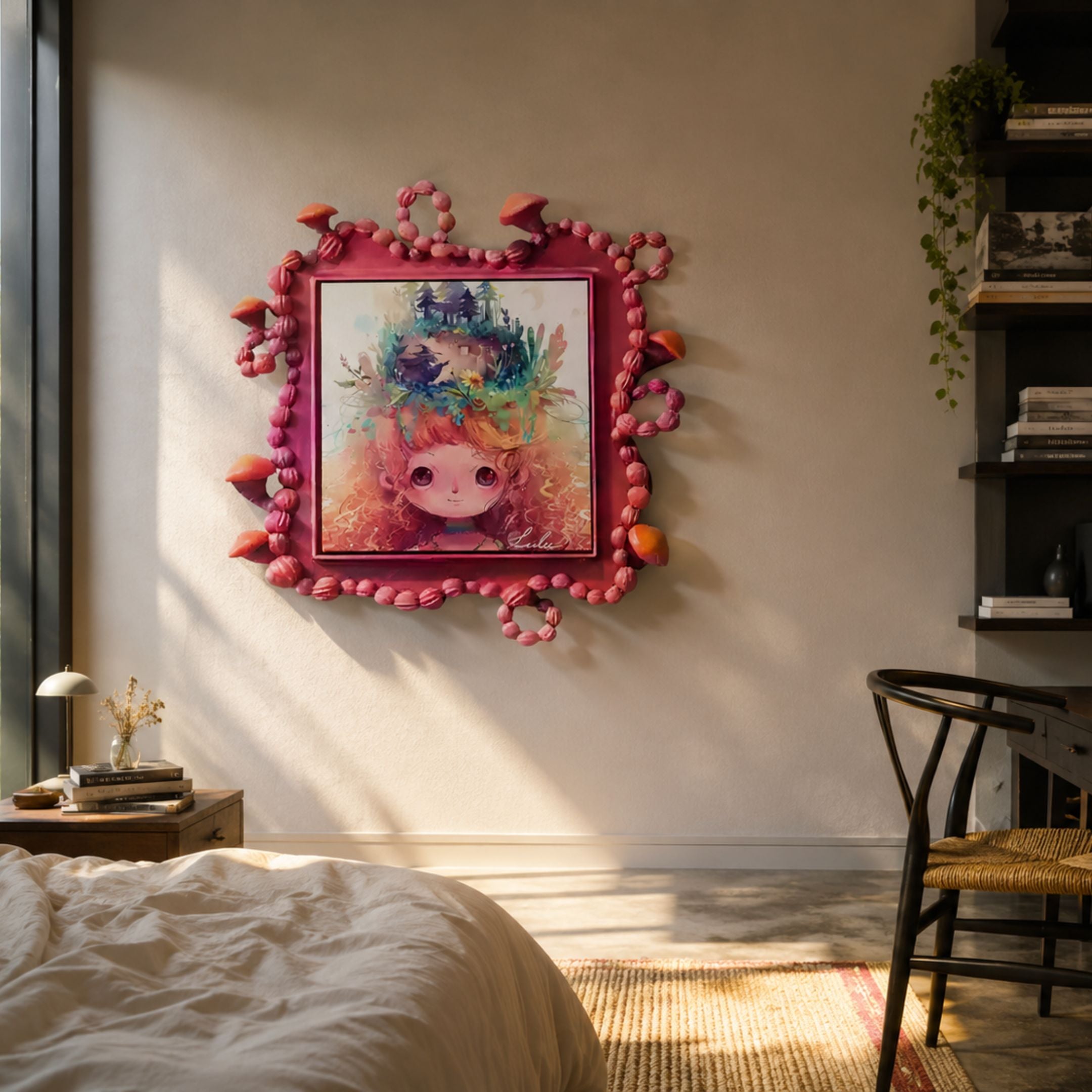Fabula Dreamy Crown Anime Wood Relief 3D Wall Art by Giant Sculptures, pink mushroom-and-vine carved frame around a curly-haired girl with forest crown, in a sunlit bedroom.