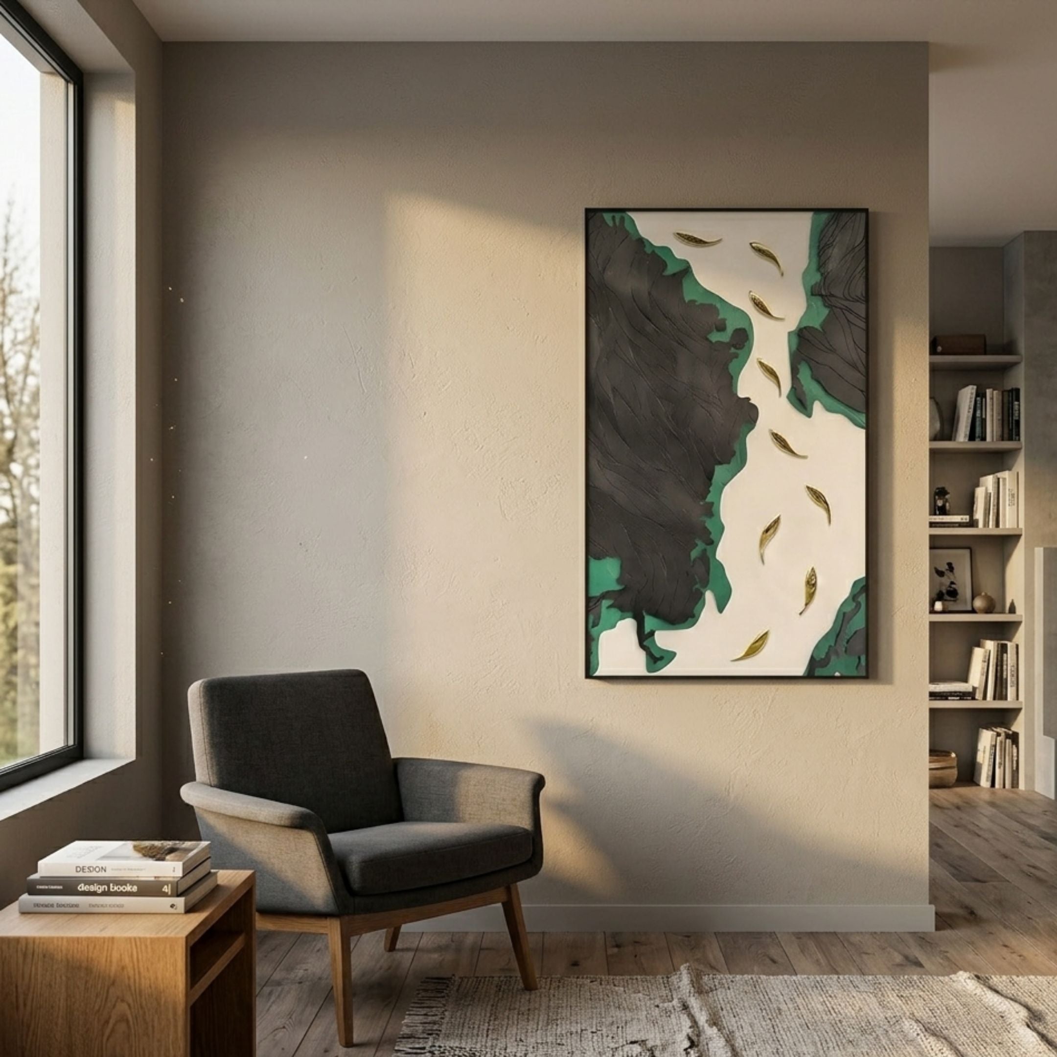Prosper Black & Green Metallic Fish 3D Relief Wall Art by Giant Sculptures displayed in a modern reading nook above a grey armchair and side table.