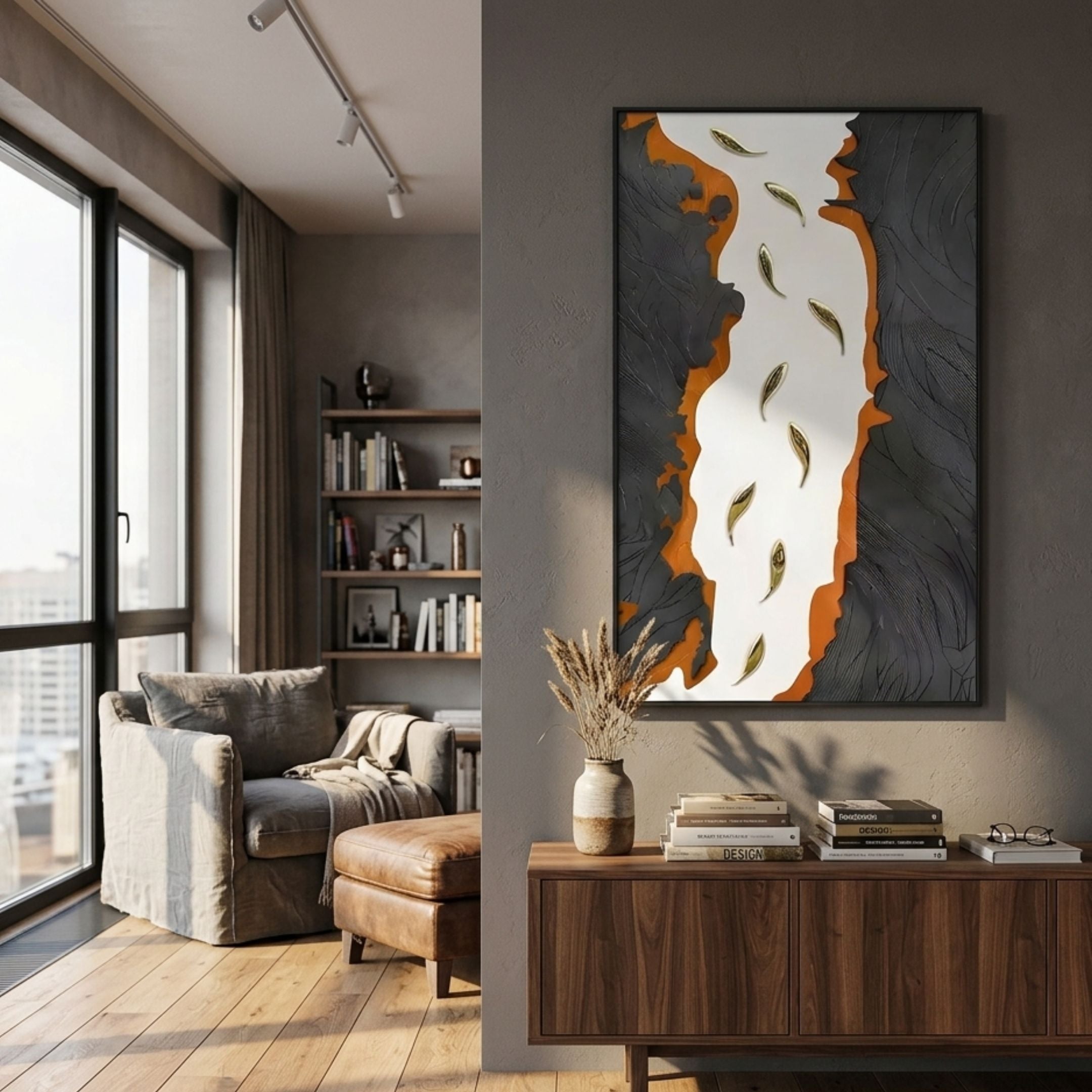 Prosper Black & Orange Metallic Fish 3D Relief Wall Art mounted above a walnut sideboard in a modern living room with a linen armchair and bookshelf.
