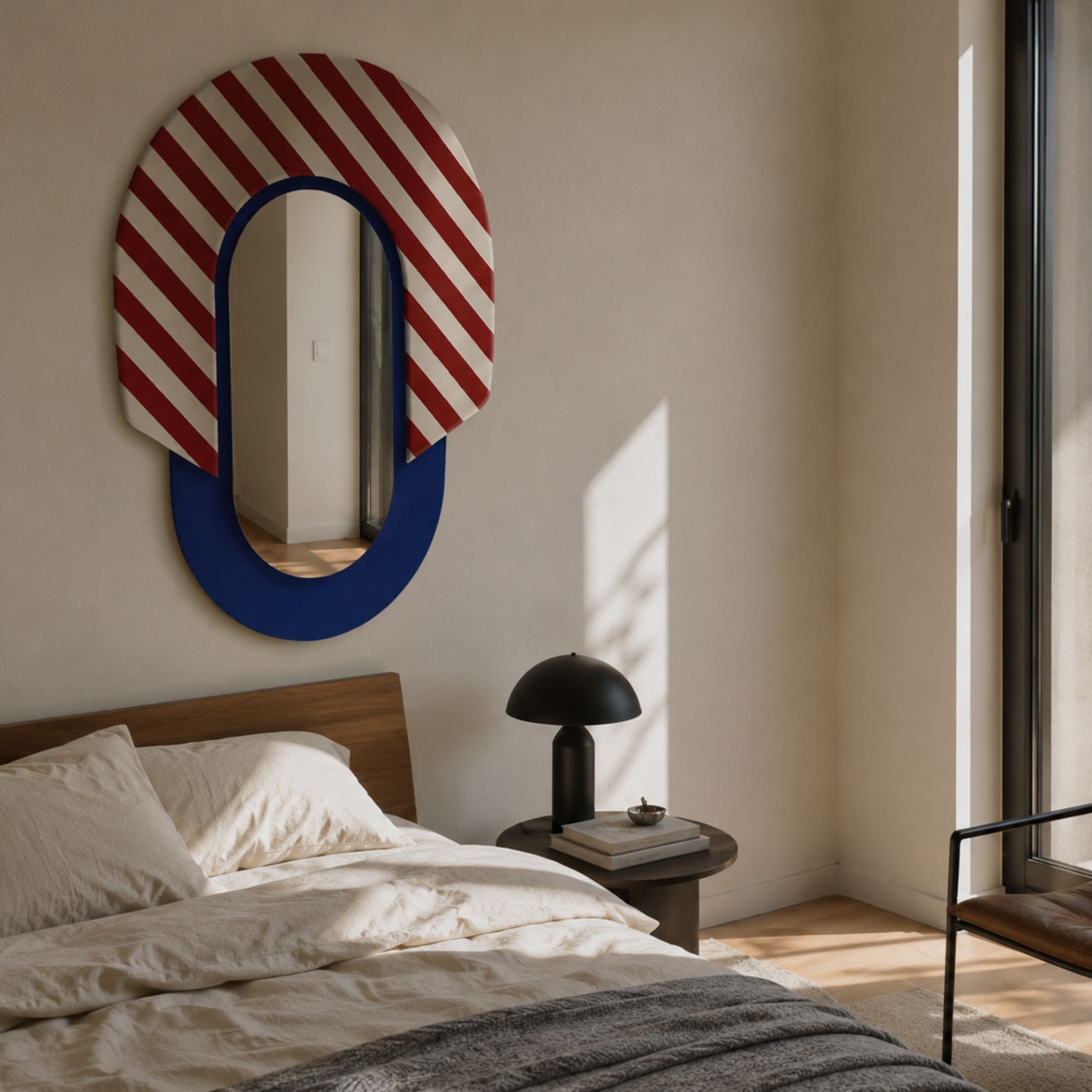 Arcus Blue & Red-White Striped Mirror 3D Wooden Wall Art by Giant Sculptures mounted above a wooden bed with cream linens, black mushroom lamp, and side table.