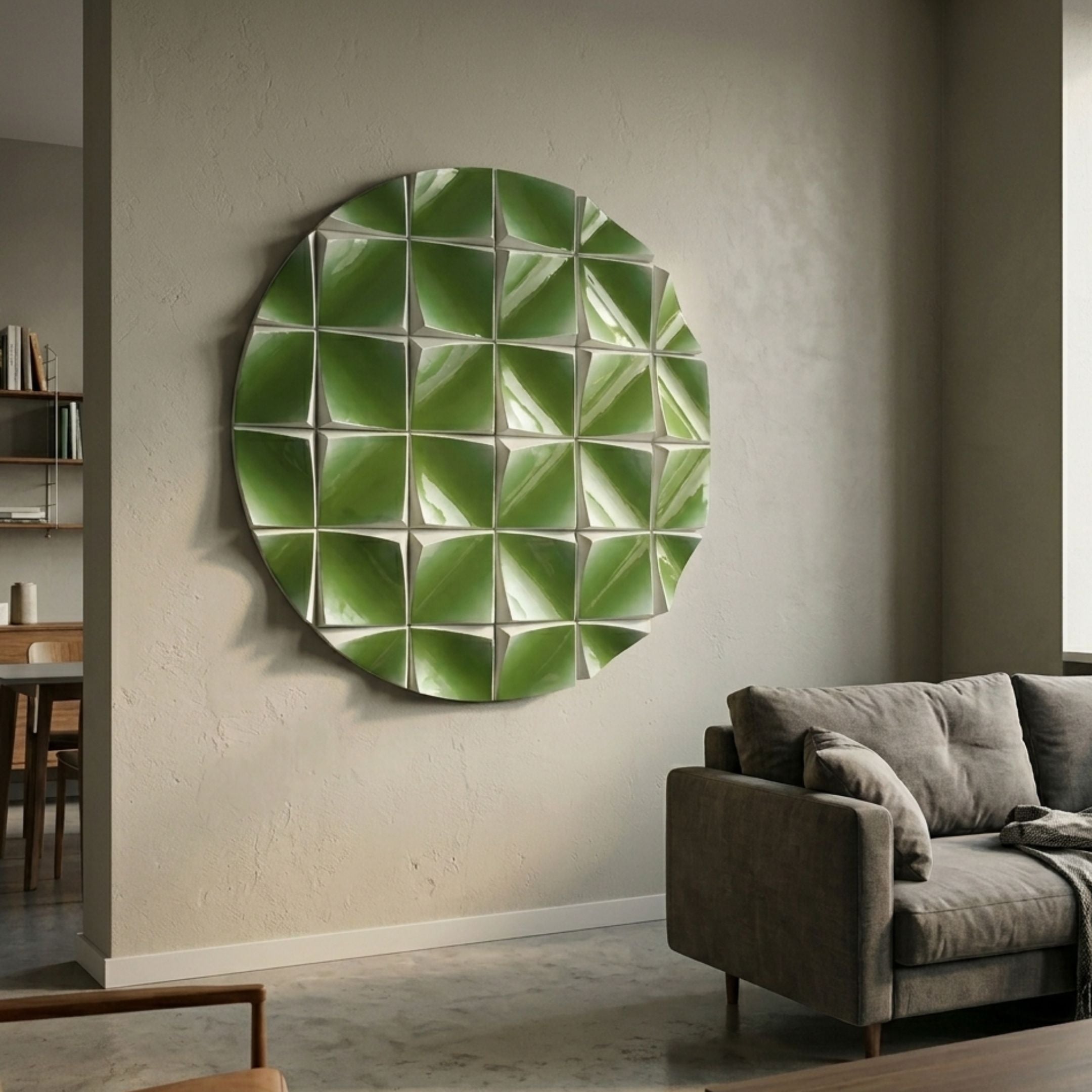 Incalia Green Circular Geometric Wood Relief 3D Wall Art with glossy emerald pyramid tiles, mounted above a grey sofa in a modern living room.