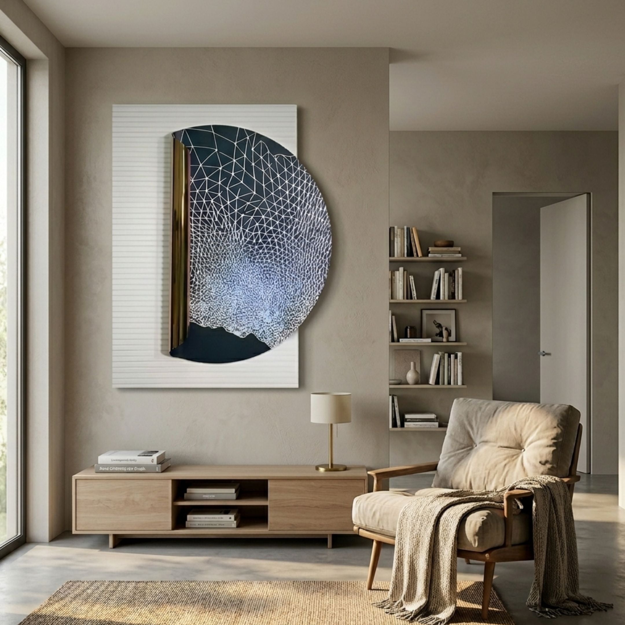 Artevia Blue & White Geometric Wood Relief 3D Wall Art by Giant Sculptures displayed above a wooden console in a neutral living room with armchair and bookshelves.