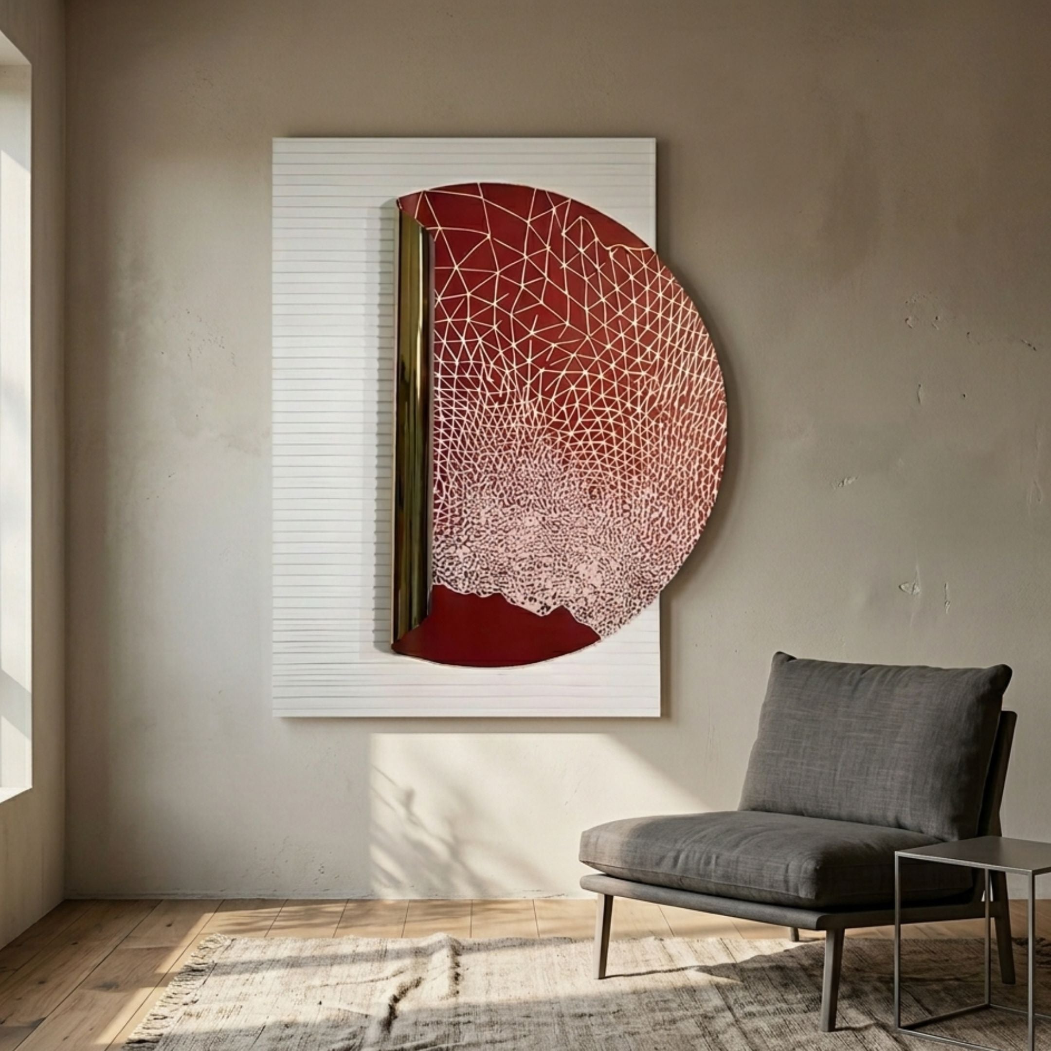 Artevia Red & White Geometric Wood Relief 3D Wall Art by Giant Sculptures, featuring a red semi-circle with gold accents, displayed above a grey armchair.