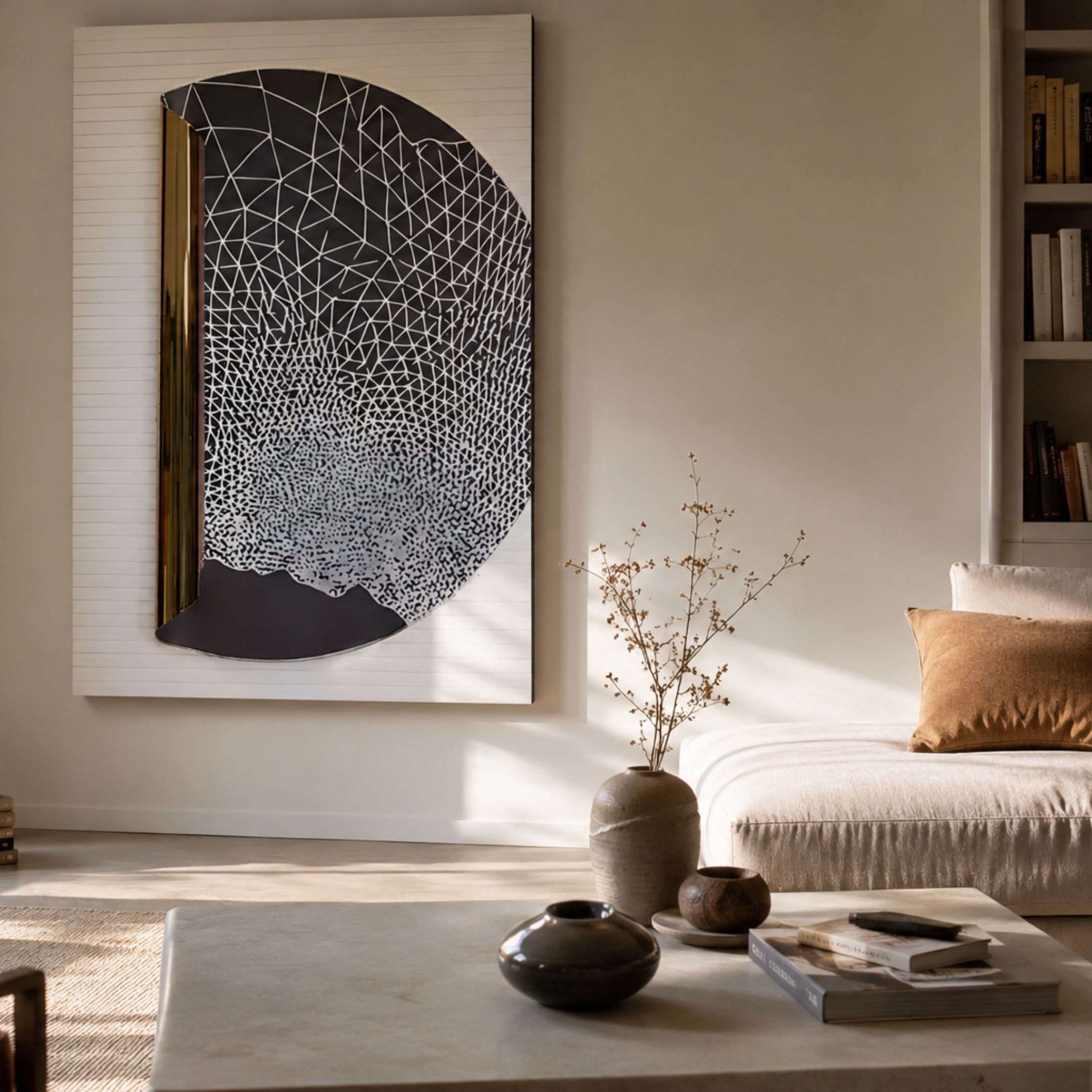Artevia Grey & White Geometric Wood Relief 3D Wall Art with semi-circular black panel and gold accent, displayed above a daybed in a neutral living room.