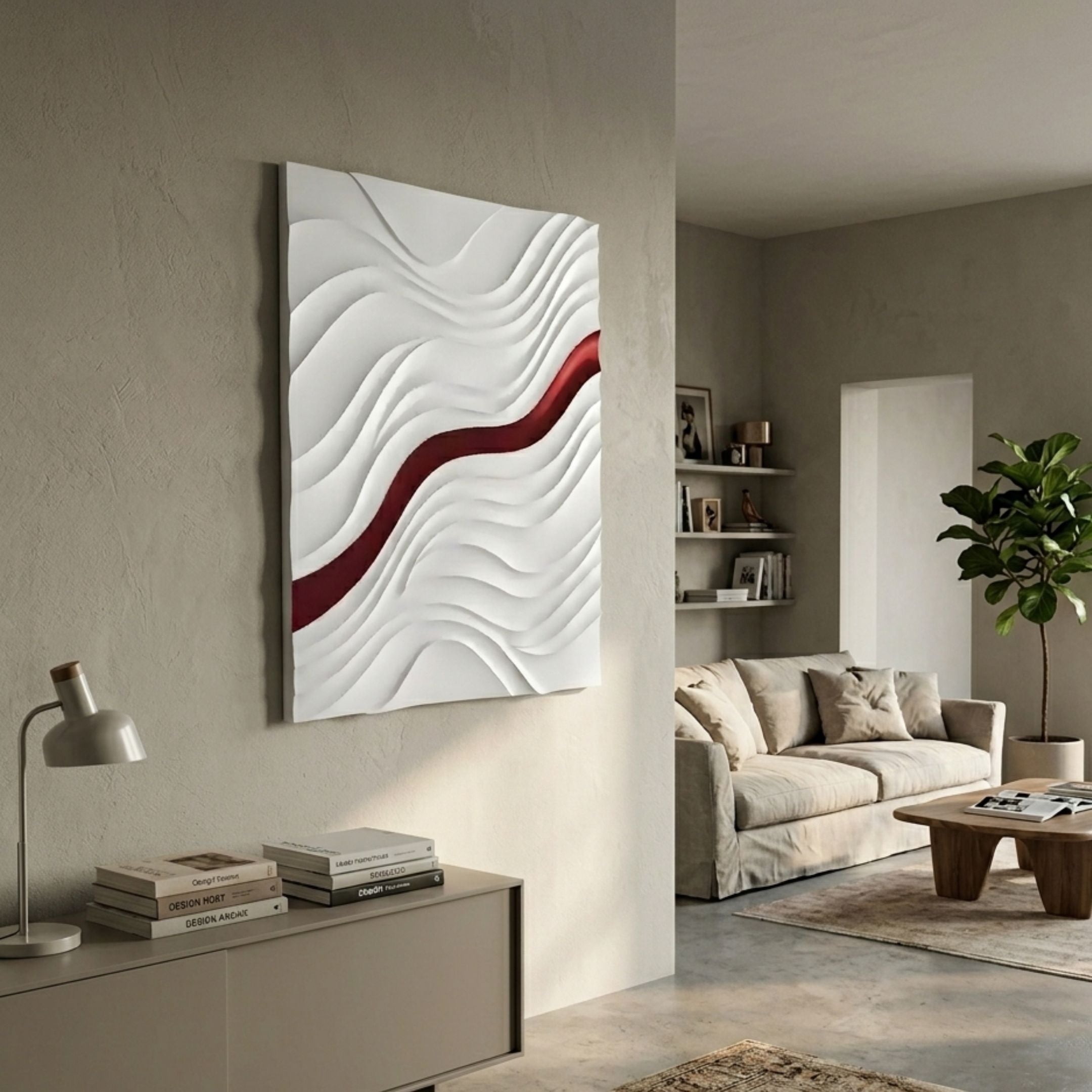 Evolva White & Red Hand-Painted Wood Relief 3D Wall Art by Giant Sculptures mounted in a neutral living room above a sideboard, beside a beige sofa.