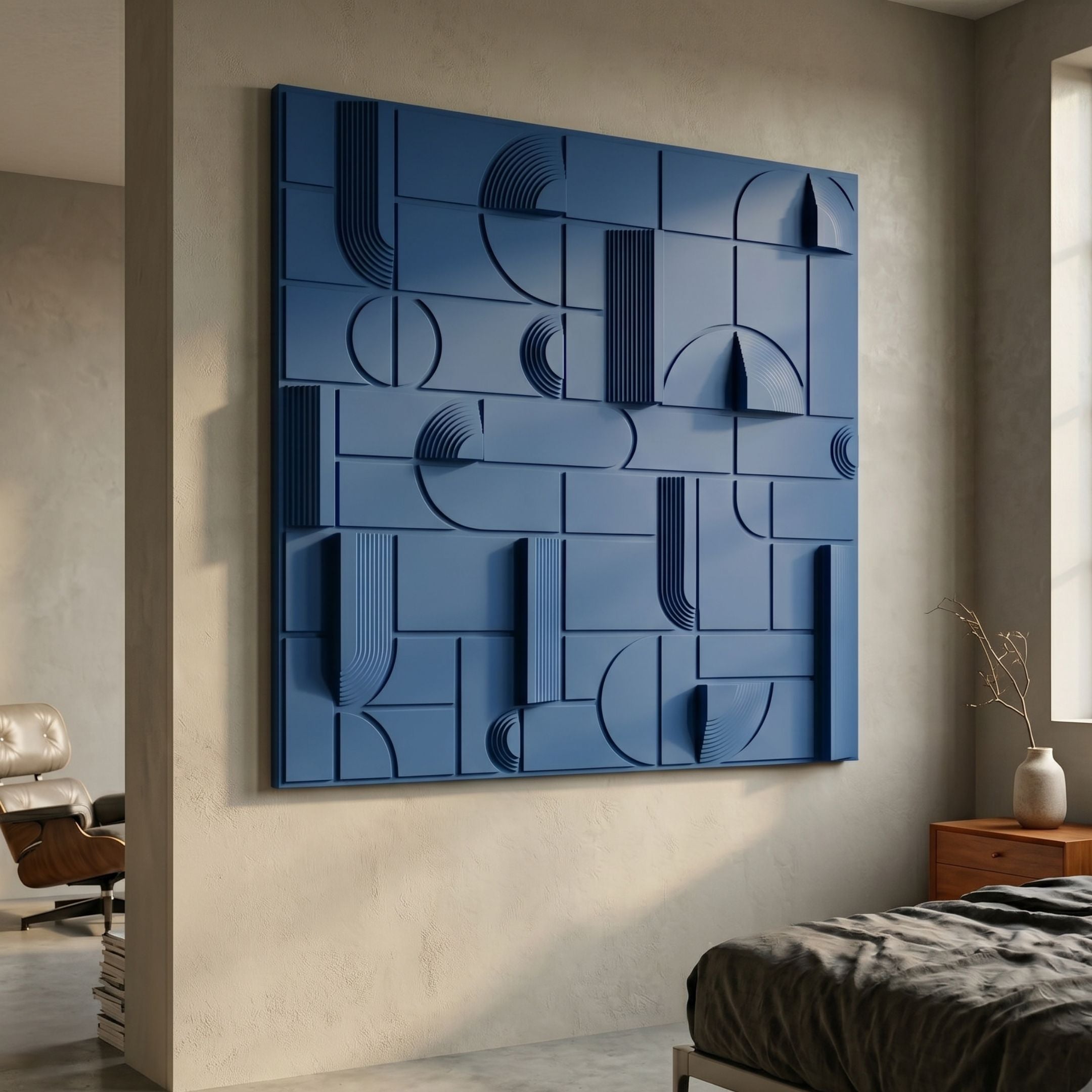 Grida Midnight Blue II Wood Carving 3D Wall Art by Giant Sculptures mounted in a bedroom above a bed, beside an Eames lounge chair and timber dresser.