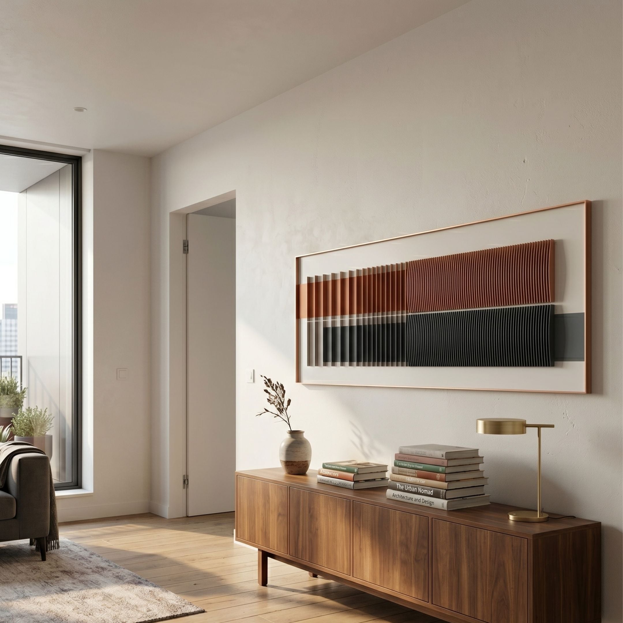 Flowline II Dual Tone Copper & Charcoal Acrylic 3D Wall Art by Giant Sculptures mounted above a walnut sideboard with books, vase, and brass lamp in a sunlit modern living room.
