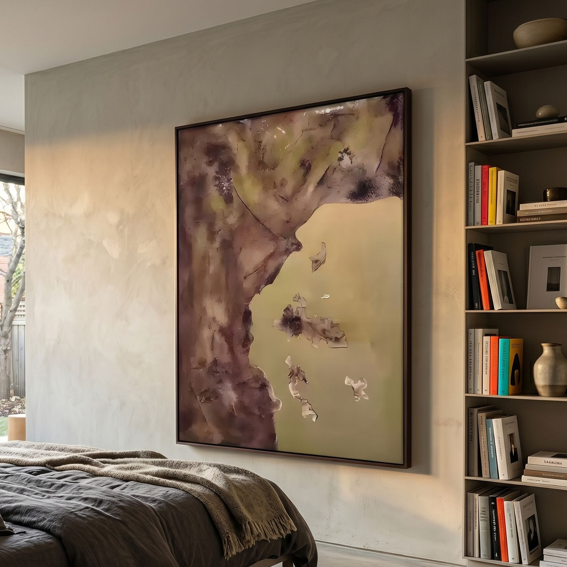 Terravue II Glossy Texture Relief 3D Wall Art by Giant Sculptures in brown and green tones, mounted above a bed beside a tall bookshelf in a bedroom.