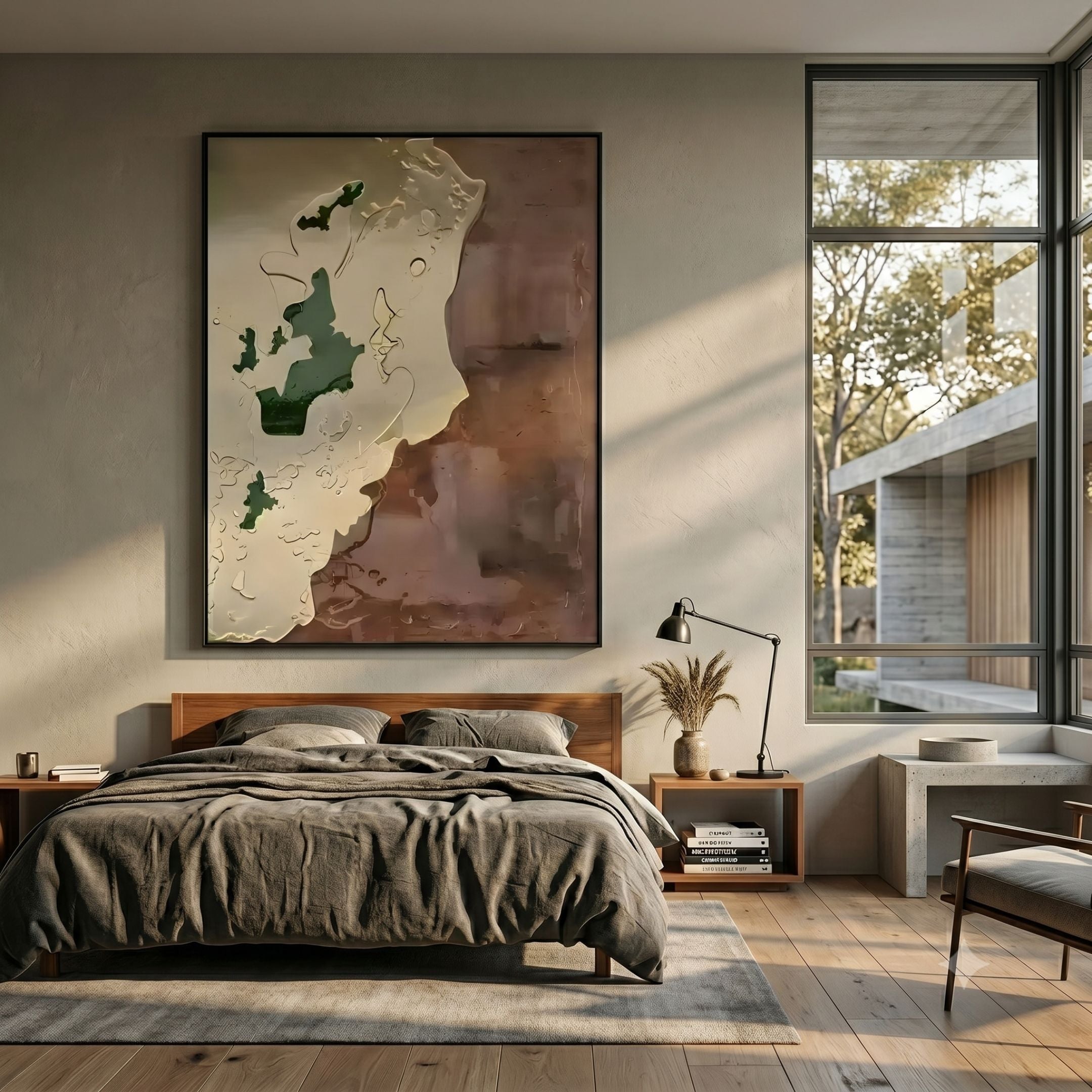 Terravue I Glossy Texture Relief 3D Wall Art by Giant Sculptures displayed above a wooden bed with grey linens in a sunlit modern bedroom with a large window.