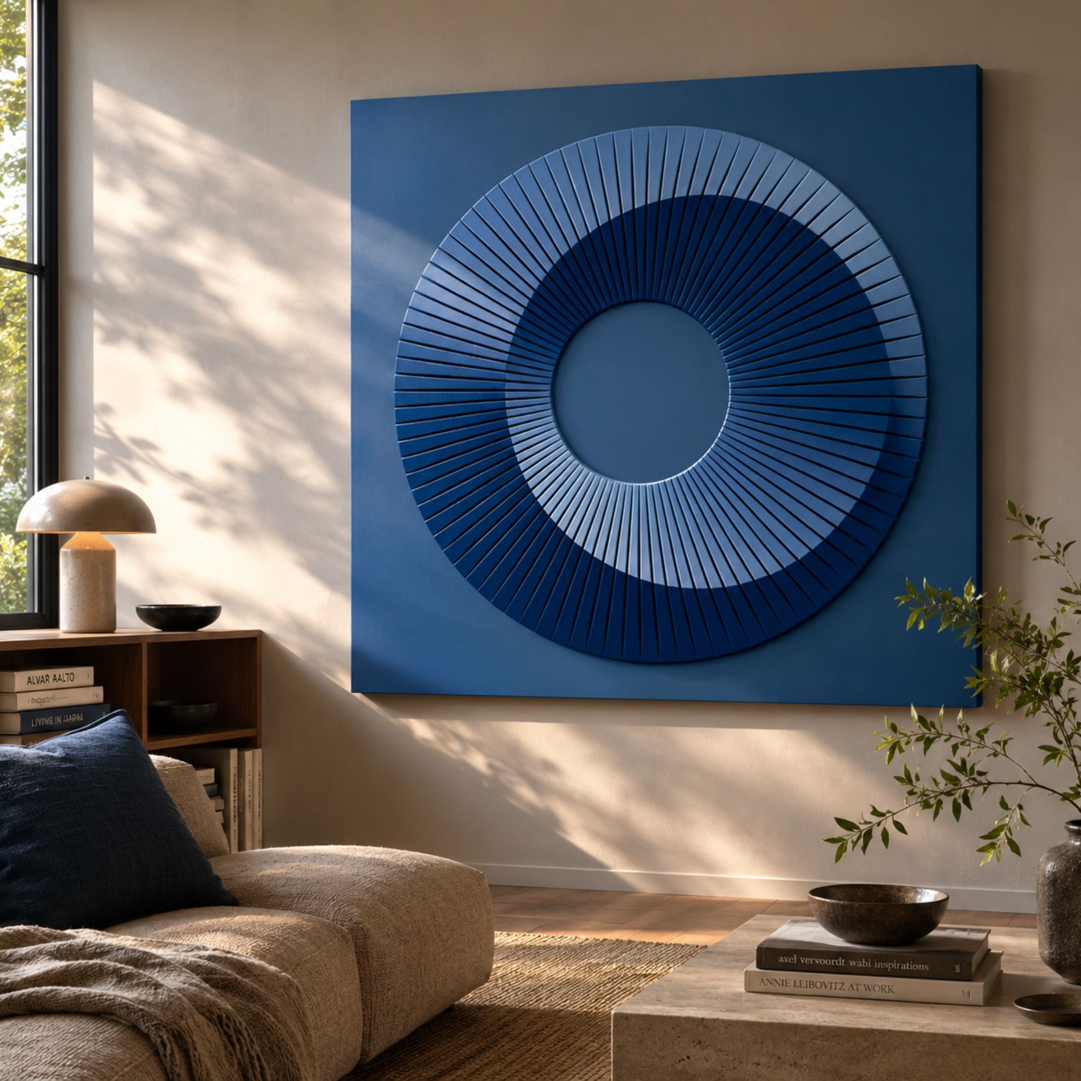 Solveta Steel Blue Spiral Wood Relief 3D Wall Art by Giant Sculptures mounted above a wooden console in a sunlit living room with linen sofa and books.