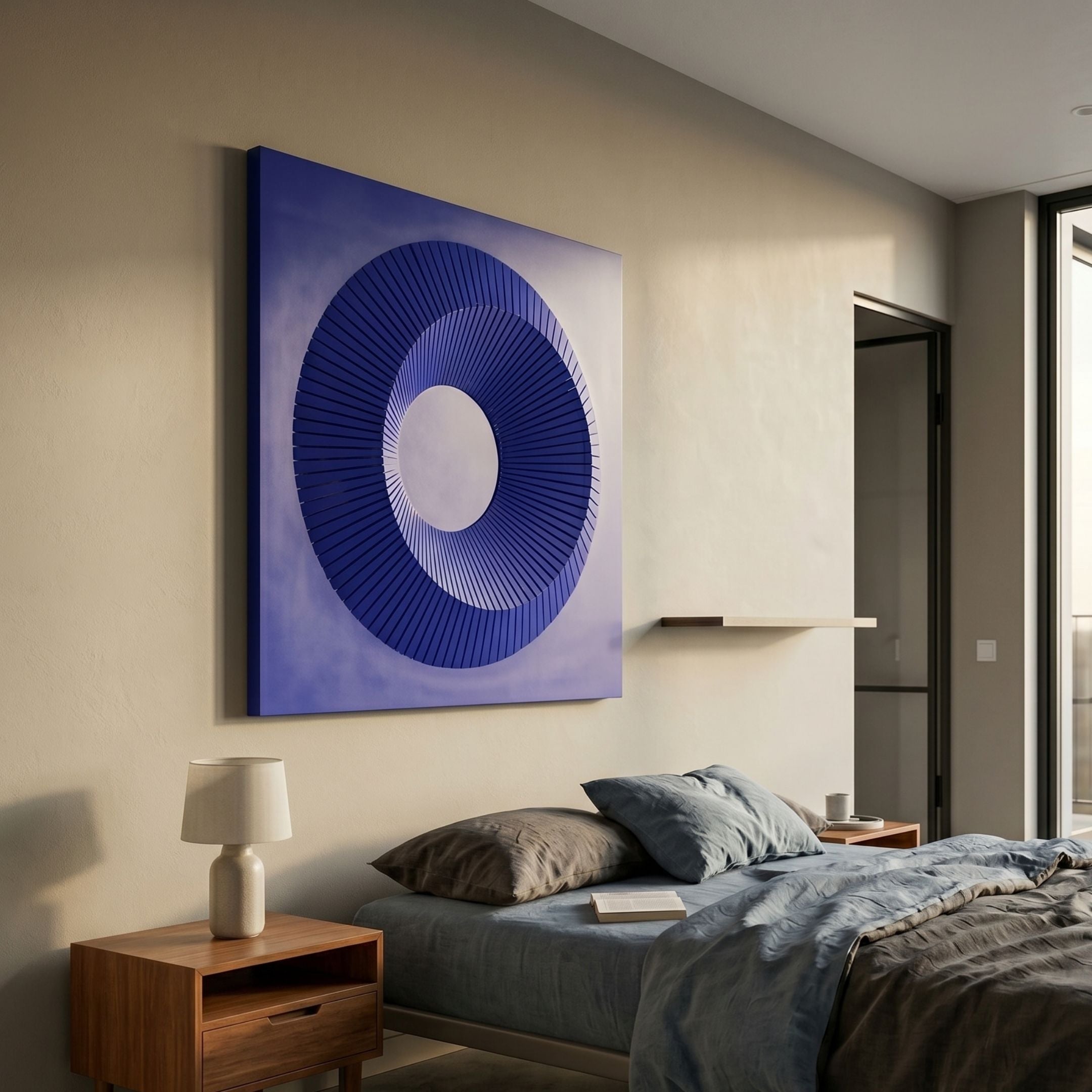 Solveta Cobalt Spiral Wood Relief 3D Wall Art by Giant Sculptures displayed above a wooden nightstand and bed with grey linens in a modern bedroom.