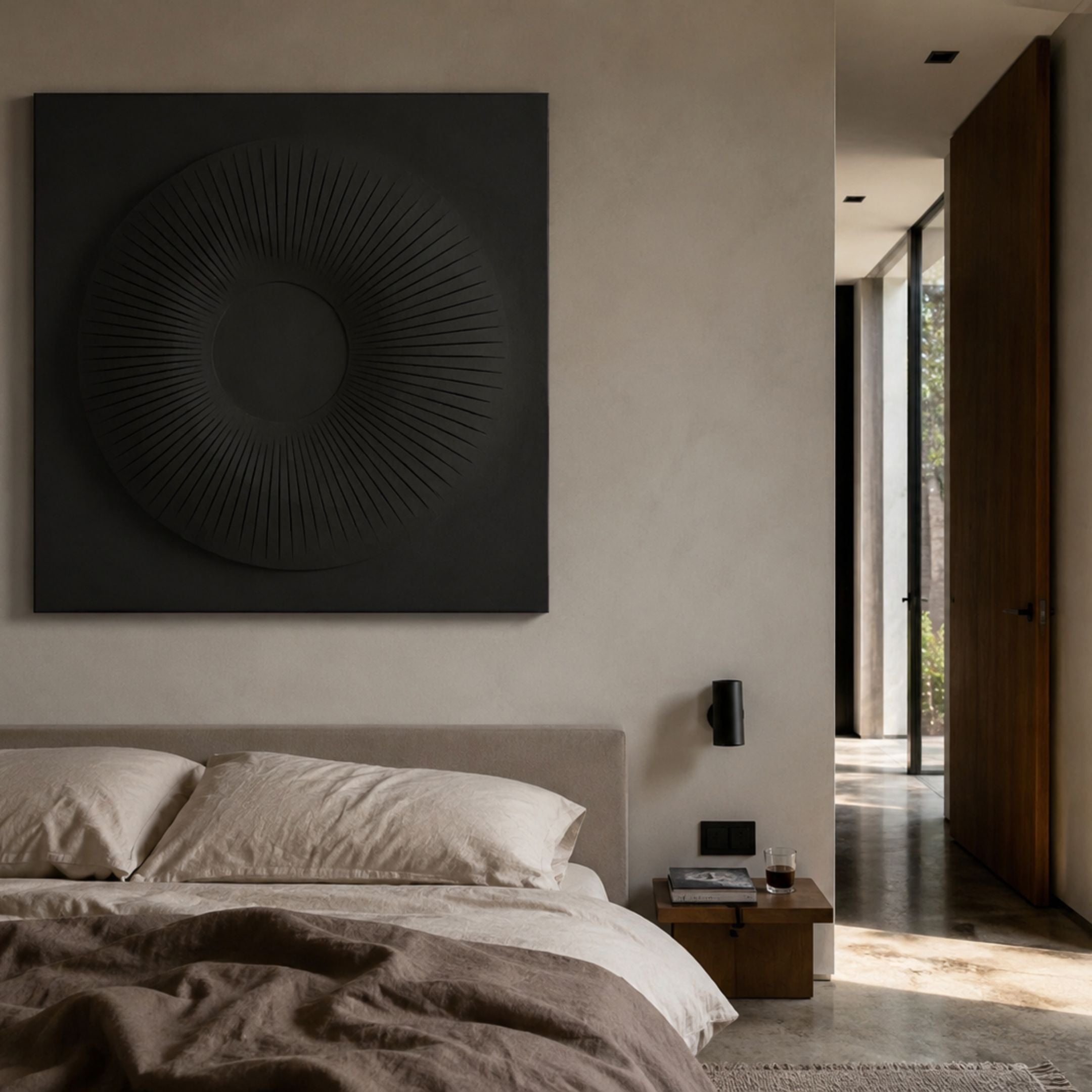 Solveta Black Spiral Wood Relief 3D Wall Art by Giant Sculptures mounted above an upholstered bed with linen bedding, beside a wooden nightstand and hallway.