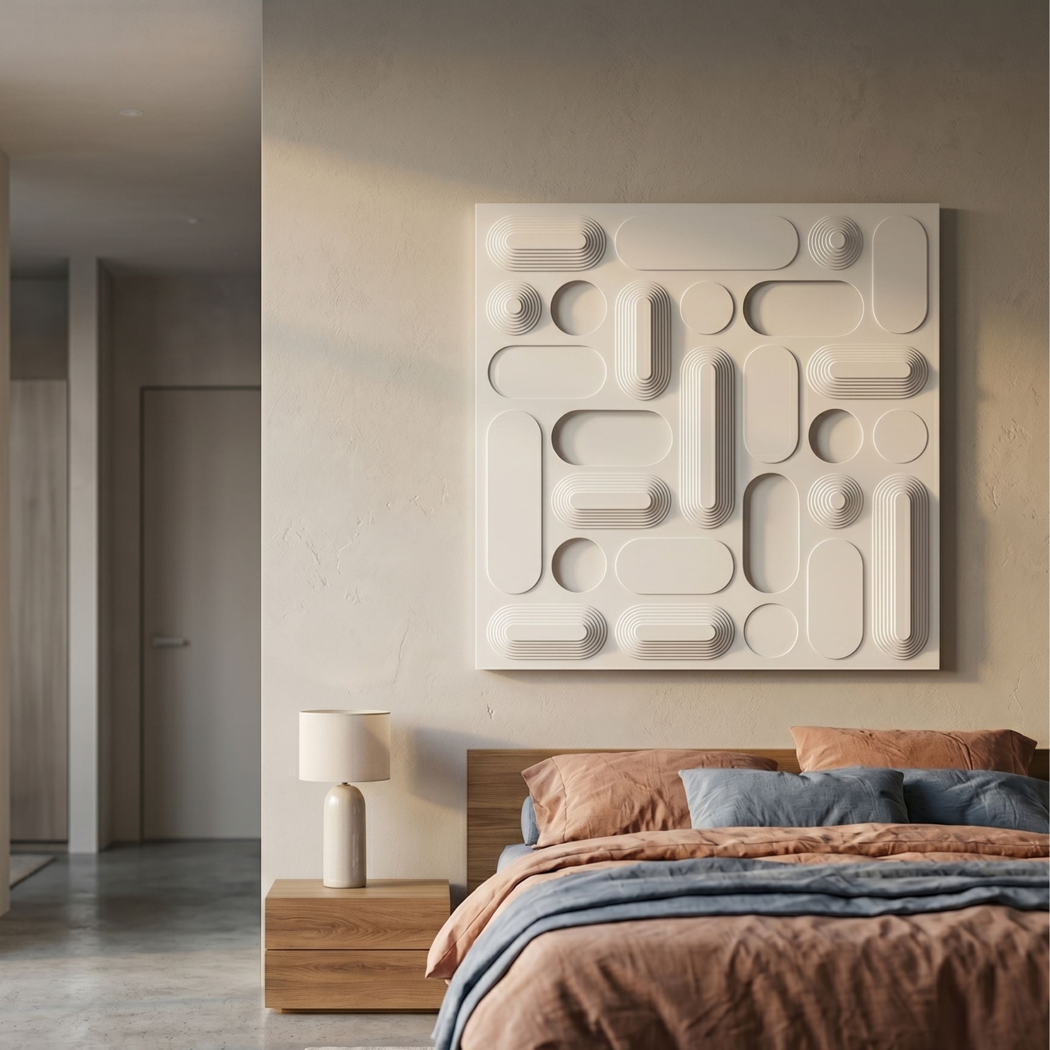 Grida Soft White Wood Carving 3D Wall Art by Giant Sculptures mounted above a wooden bedside table with lamp in a modern bedroom with terracotta and blue linens.