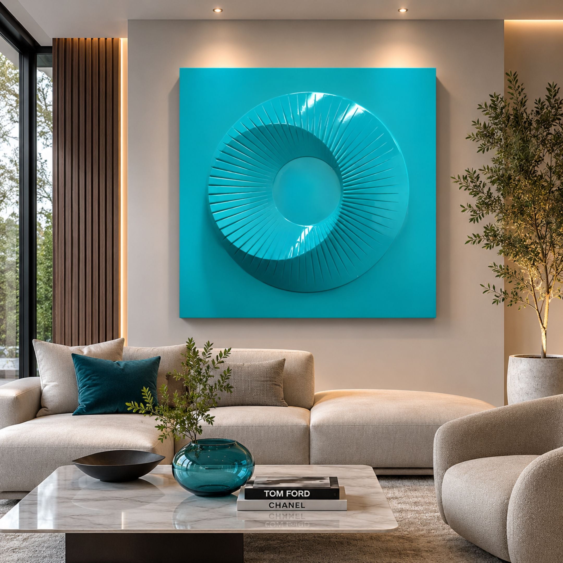 Solveta Aqua Spiral Wood Relief 3D Wall Art by Giant Sculptures mounted above a cream sofa in a modern living room with marble coffee table and olive tree.