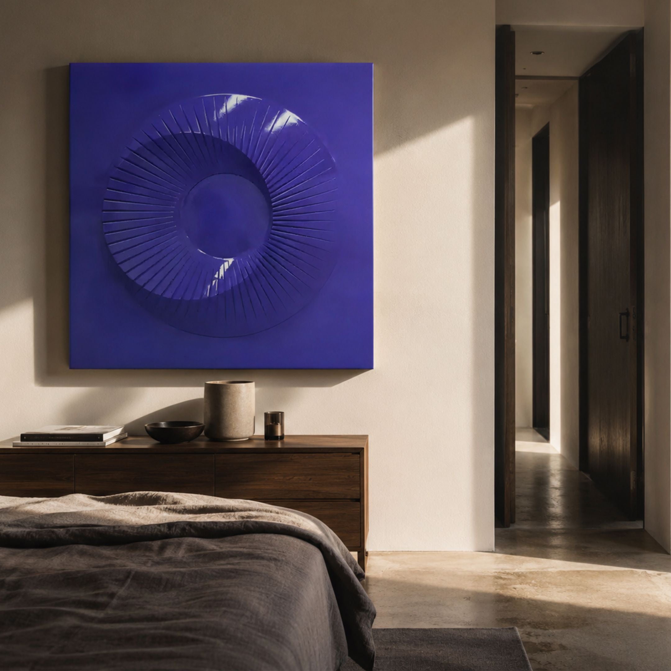Solveta Purple Spiral Wood Relief 3D Wall Art by Giant Sculptures mounted above a dark wood dresser in a sunlit bedroom with linen bedding and hallway view.