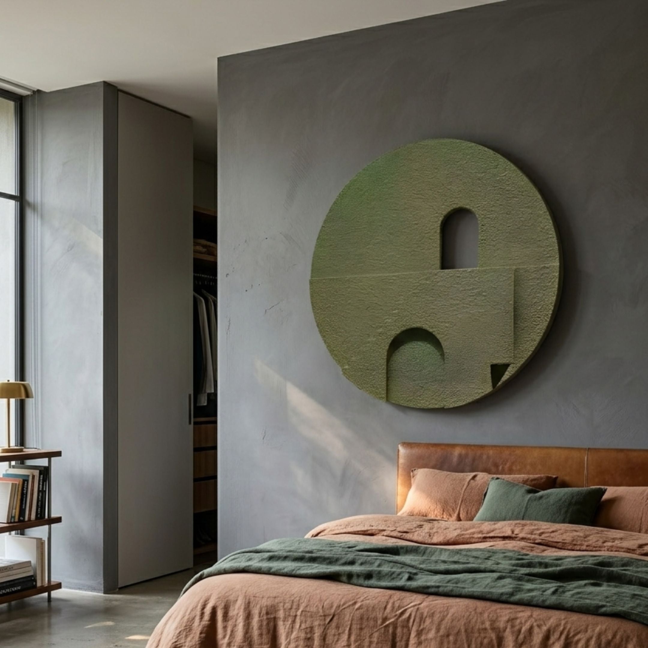 Arcuza Olive III Wood Carving Sandstone 3D Wall Art mounted on a grey bedroom wall above a leather bed with terracotta and green linens.