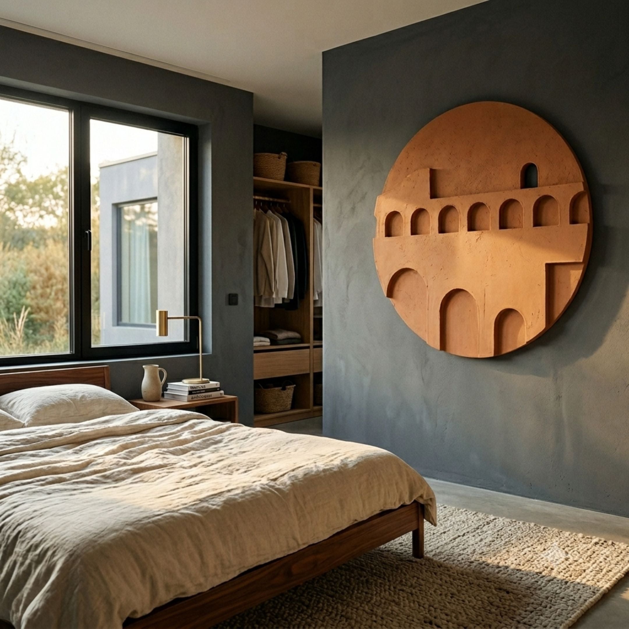 Arcuza Ochre II Wood Carving Sandstone 3D Wall Art by Giant Sculptures, a round ochre relief of stepped arches, mounted on a grey bedroom wall beside a linen bed.