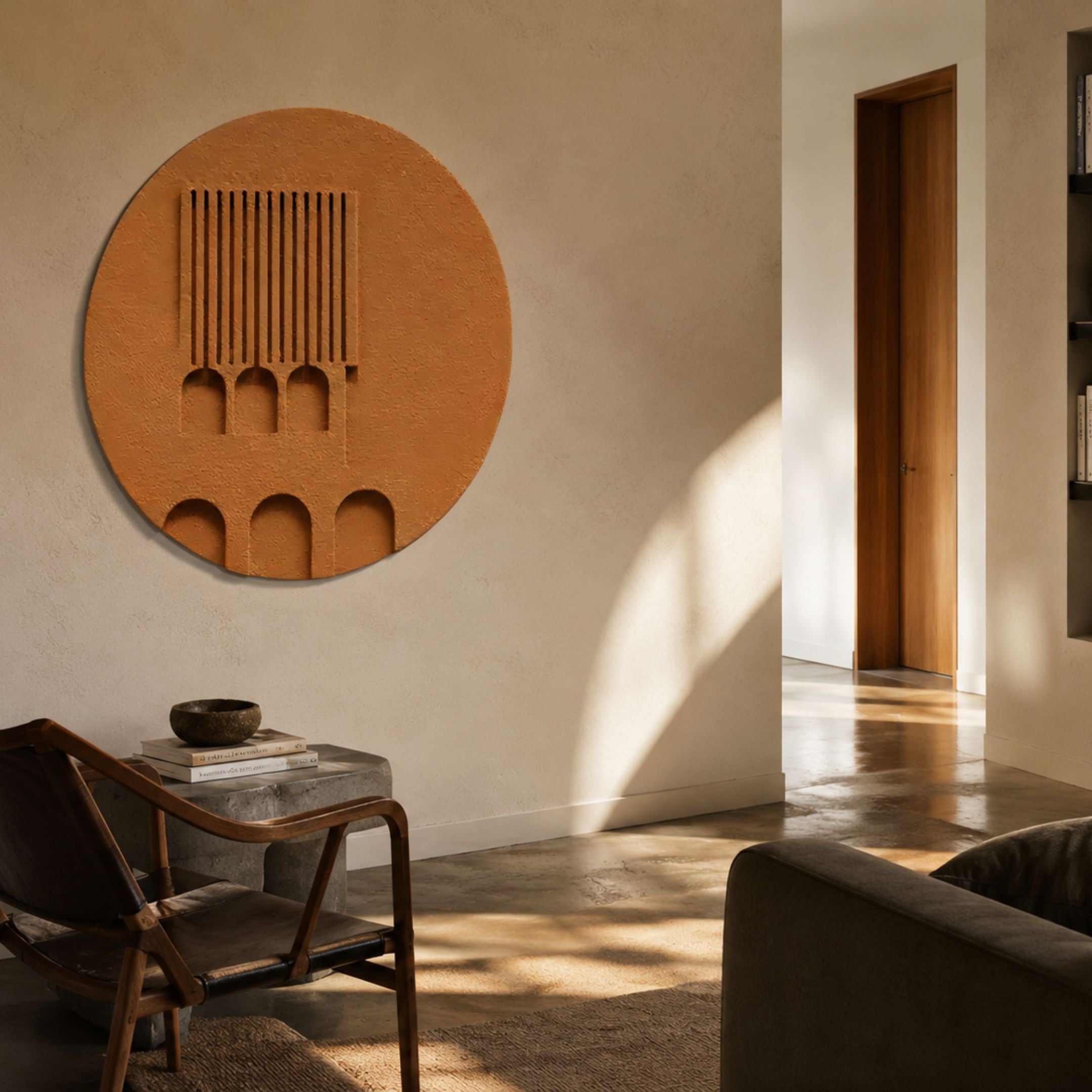 Arcuza Ochre I Wood Carving Sandstone 3D Wall Art mounted on a cream wall above a stone side table and wooden chair in a sunlit living room.