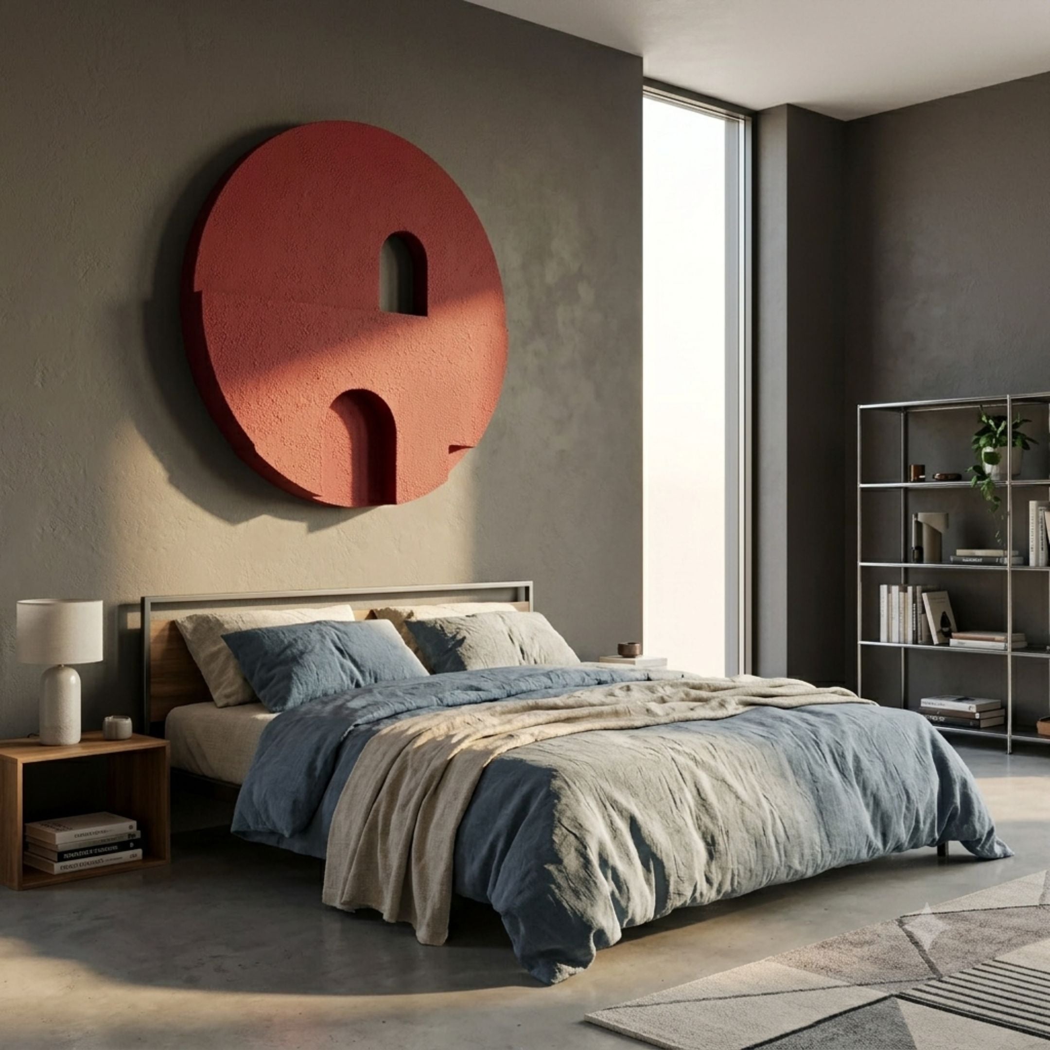 Arcuza Burgundy III Wood Carving Sandstone 3D Wall Art by Giant Sculptures, a matte red circular disc with carved arch and window cutouts above a bed.