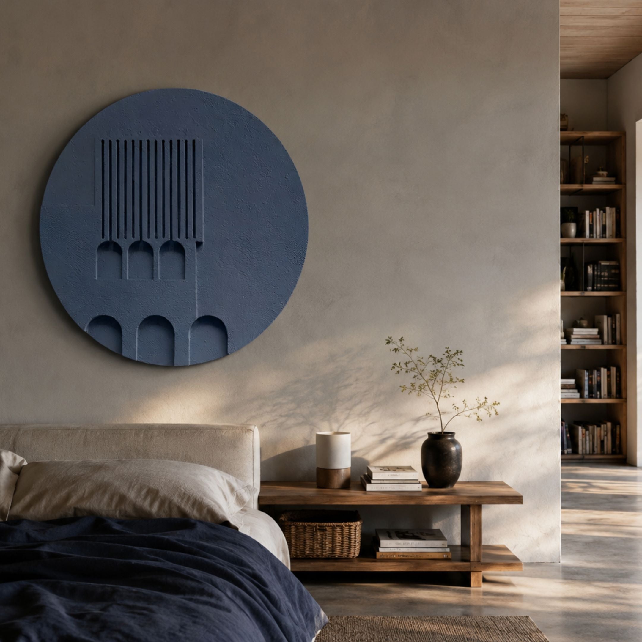 Arcuza Blue I Wood Carving Sandstone 3D Wall Art by Giant Sculptures displayed above a wooden bench in a neutral bedroom with linen bedding and bookshelves.