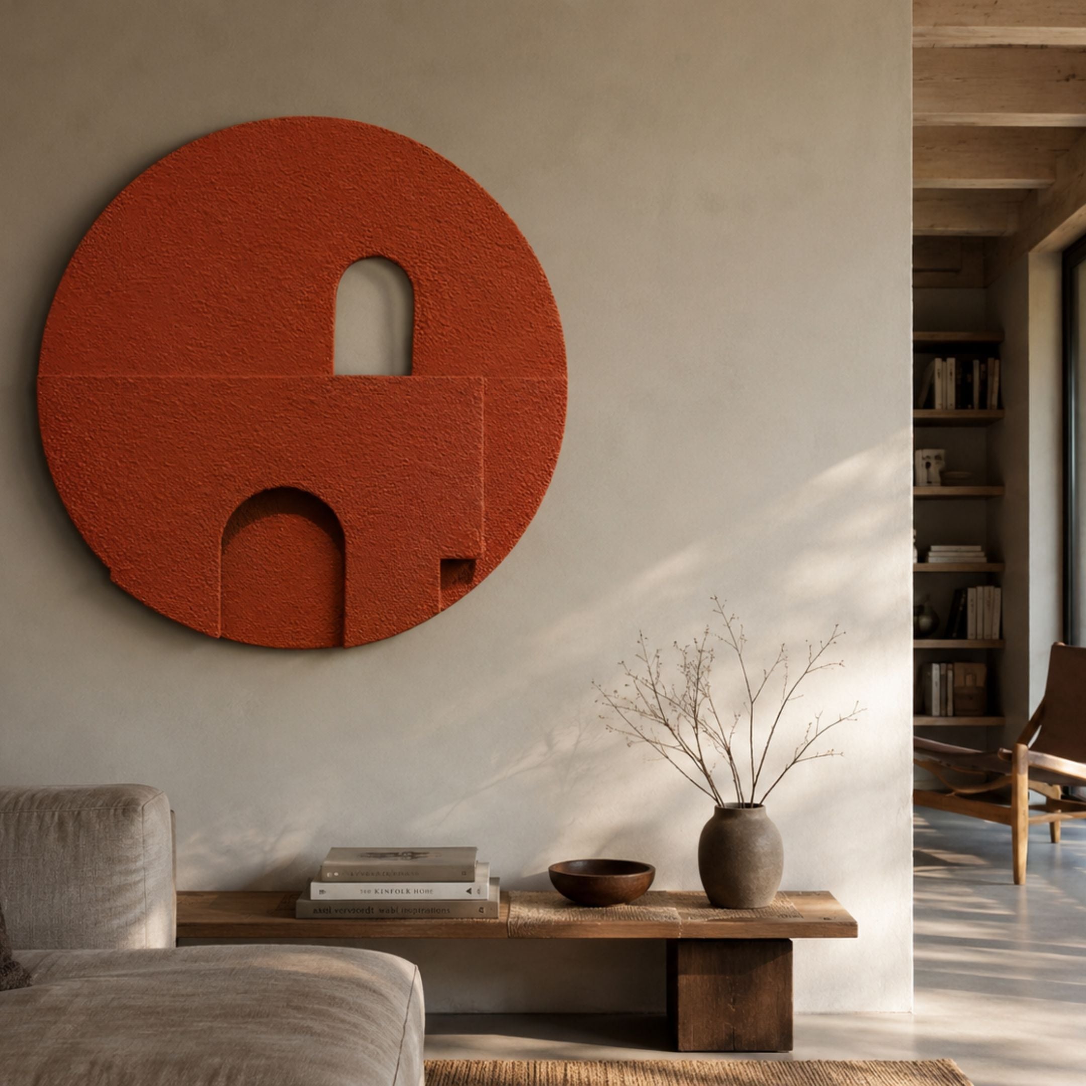 Arcuza Terracotta III Wood Carving Sandstone 3D Wall Art by Giant Sculptures mounted above a wooden bench with vase and books in a Nordic living room.