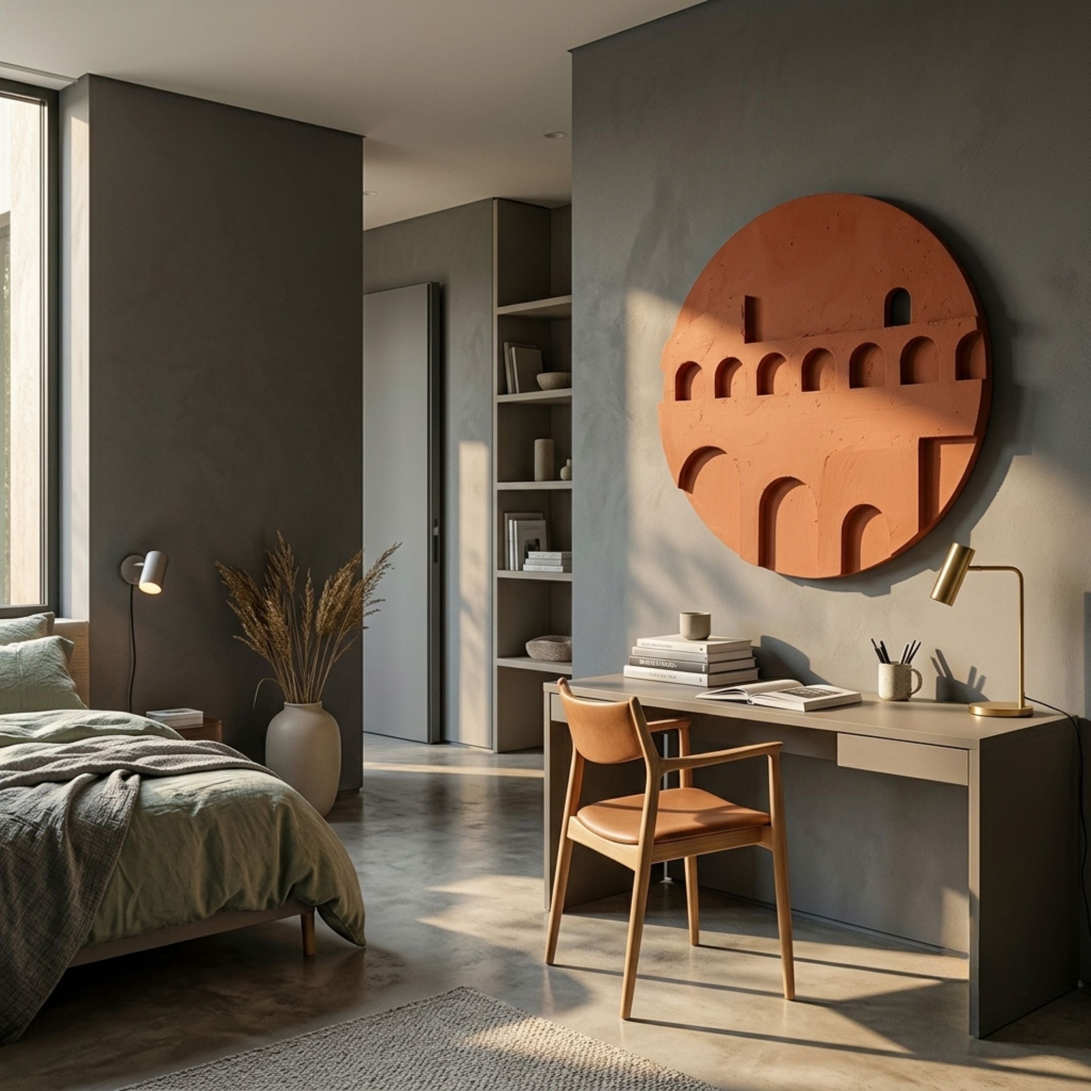 Arcuza Terracotta II Wood Carving Sandstone 3D Wall Art by Giant Sculptures, mounted above a desk in a modern bedroom with grey walls and green linen bed.