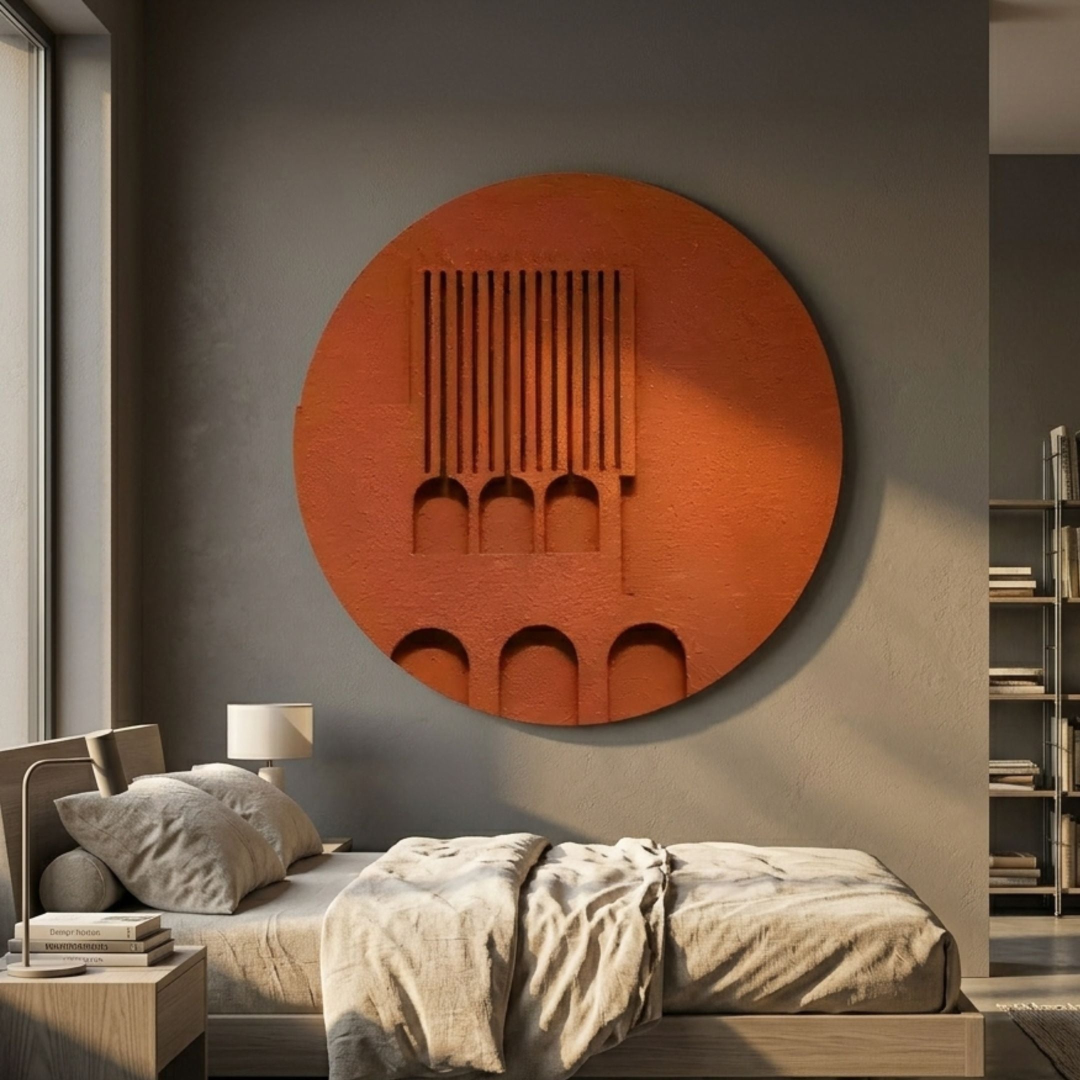Arcuza Terracotta I Wood Carving Sandstone 3D Wall Art by Giant Sculptures mounted above a linen-dressed bed in a warm grey bedroom with bedside lamp.