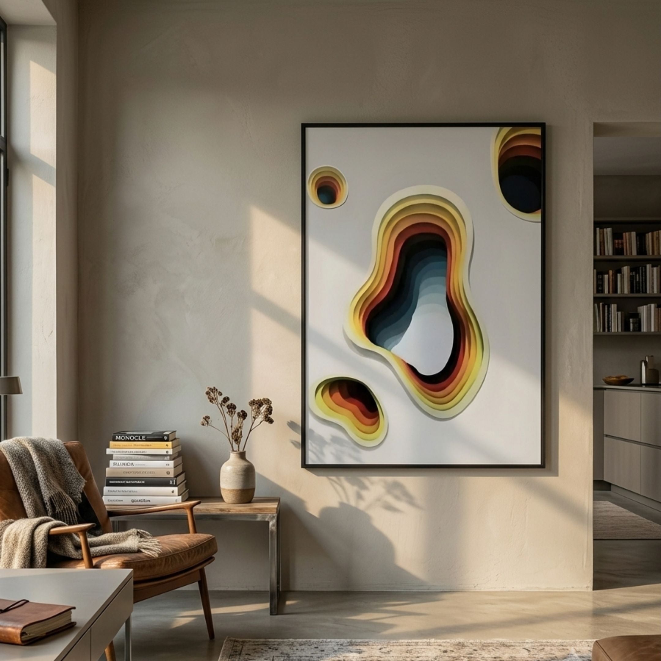 Cratera Amber & Blue Wood Carving 3D Wall Art by Giant Sculptures, framed in black with layered amber and blue crater forms, displayed in a sunlit living room.