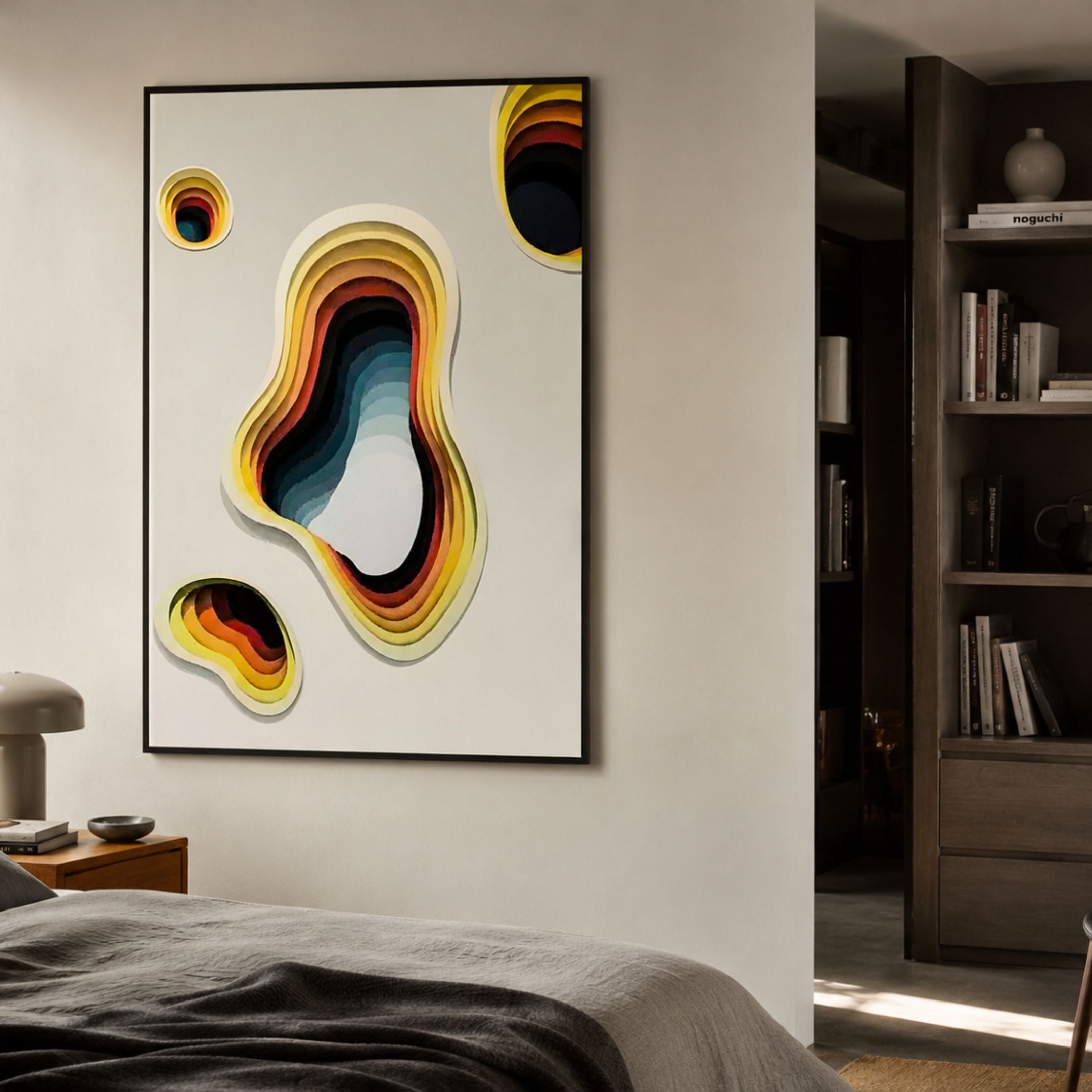 Cratera Yellow & Amber Wood Carving 3D Wall Art by Giant Sculptures, mounted in a bedroom above a wooden side table near a dark bookshelf.