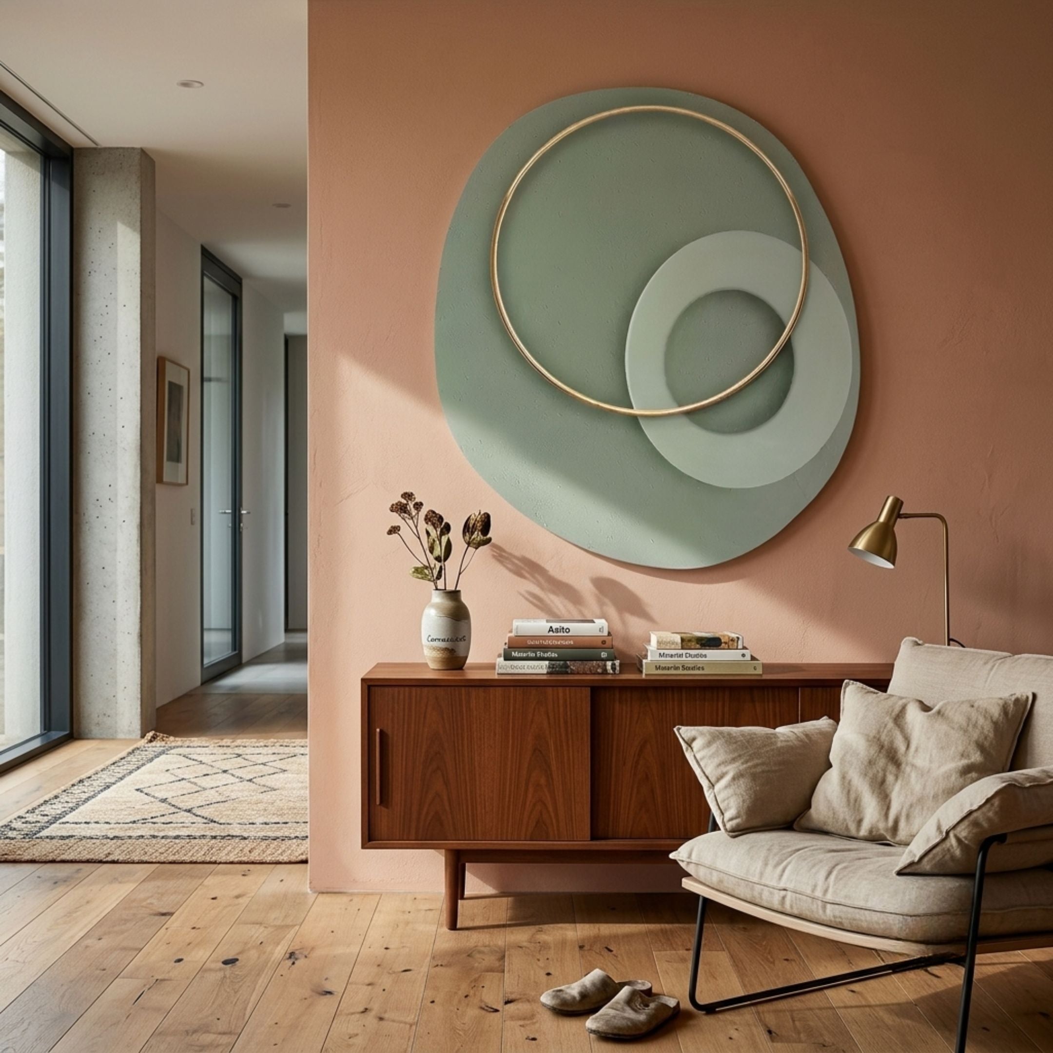 Orbien Sage Green & Gold Ring Sandstone Mural Wall Art by Giant Sculptures displayed on a terracotta wall above a walnut sideboard in a modern living room.
