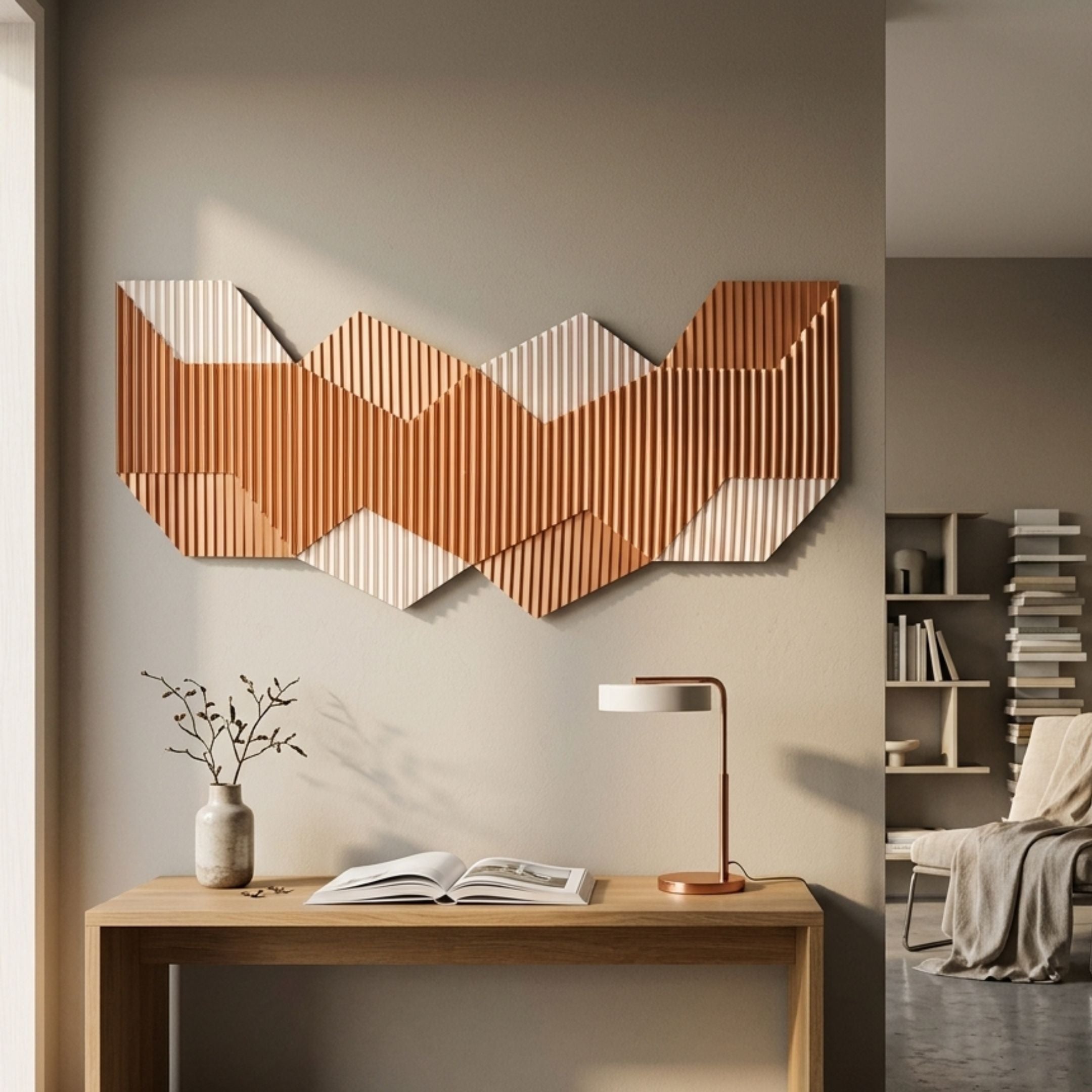 Vertex Orange & Cream Ridge 3D wall art mounted above a wooden console with vase and lamp, with a bookshelf and armchair visible in the adjoining room.