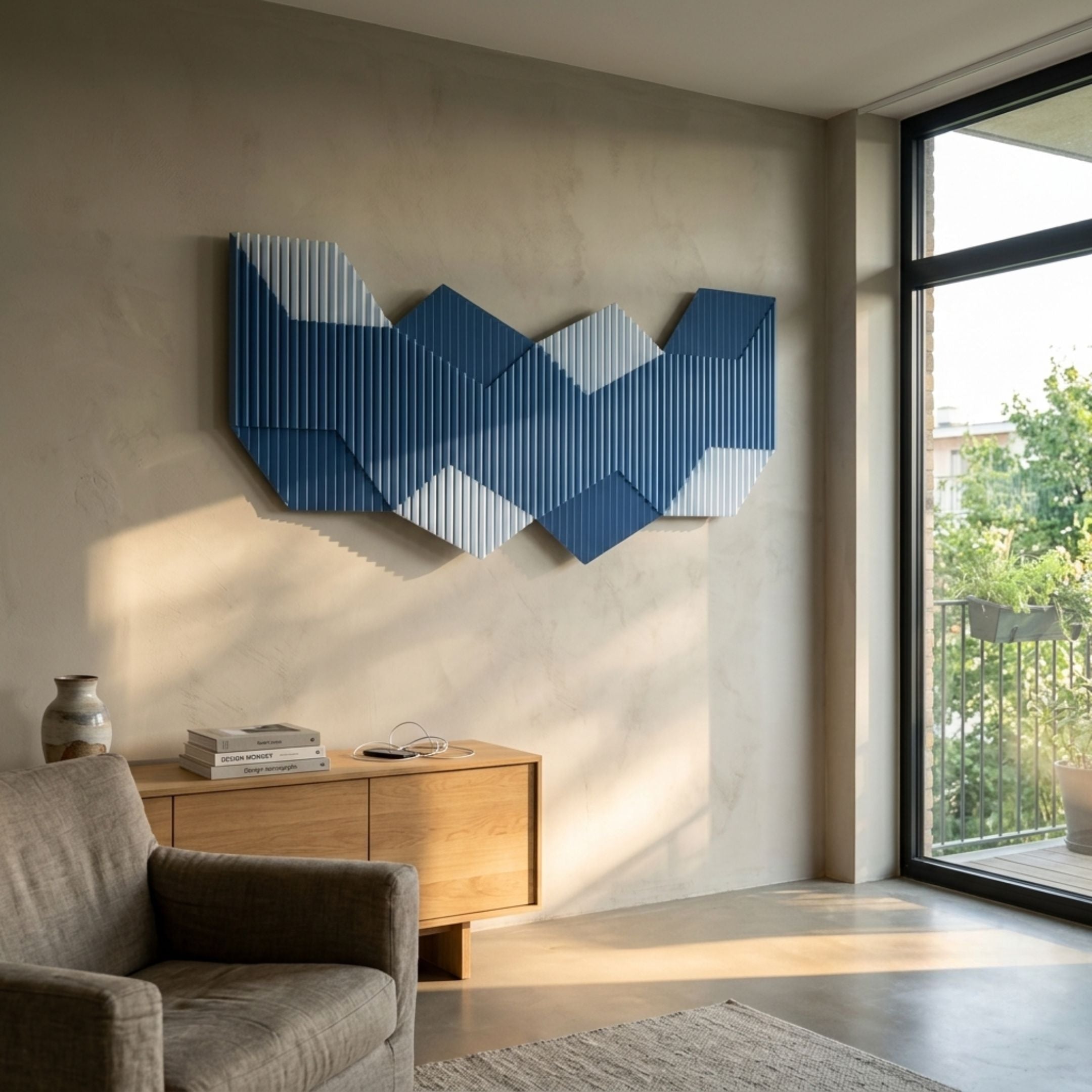 Vertex Deep Navy & White Ridge Acrylic & Wood Carving 3D Wall Art by Giant Sculptures mounted above an oak sideboard in a sunlit living room.