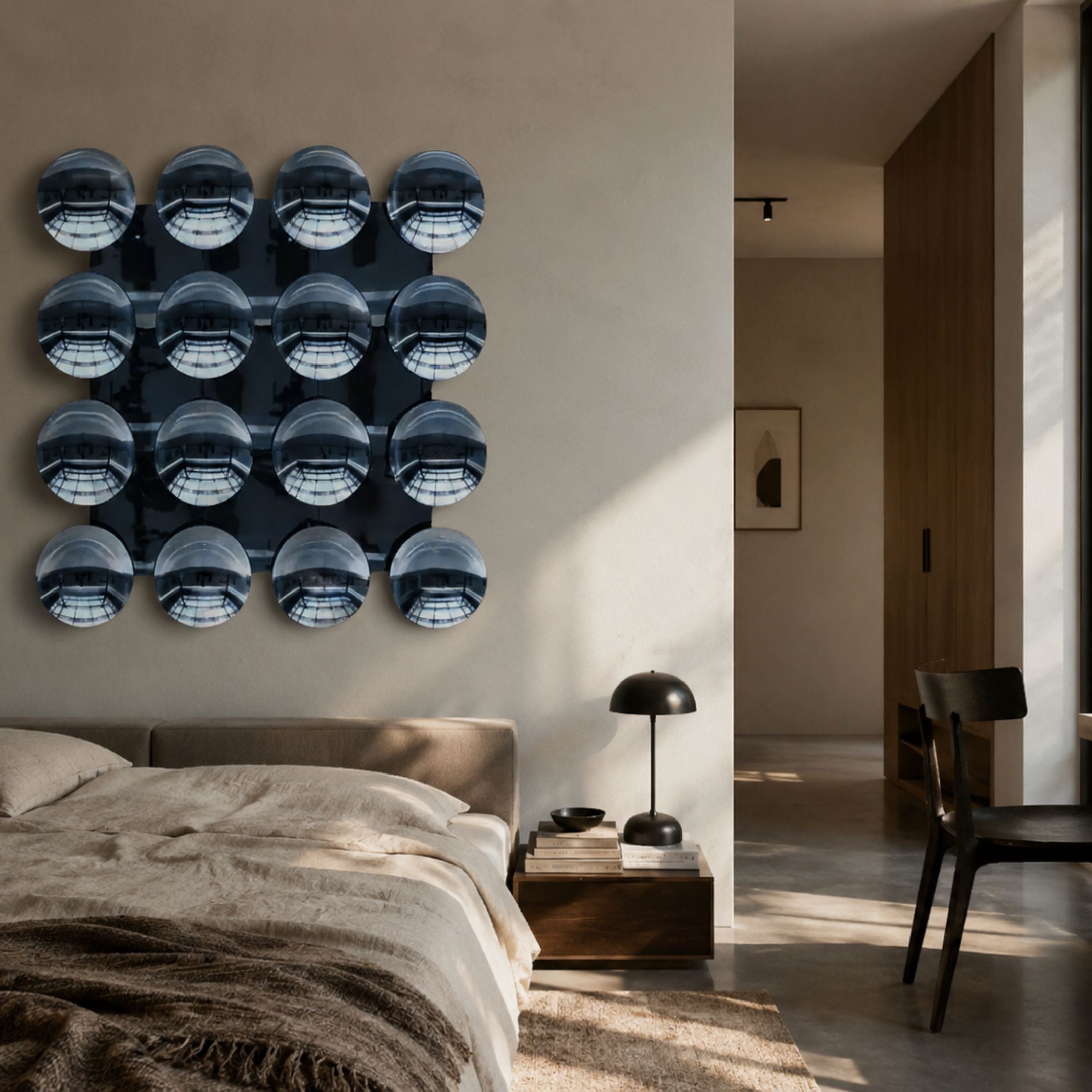 Dome Ice Blue Acrylic 3D Wall Art by Giant Sculptures, a 4×4 grid of reflective blue half-spheres mounted above a bed in a warm, neutral-toned bedroom.