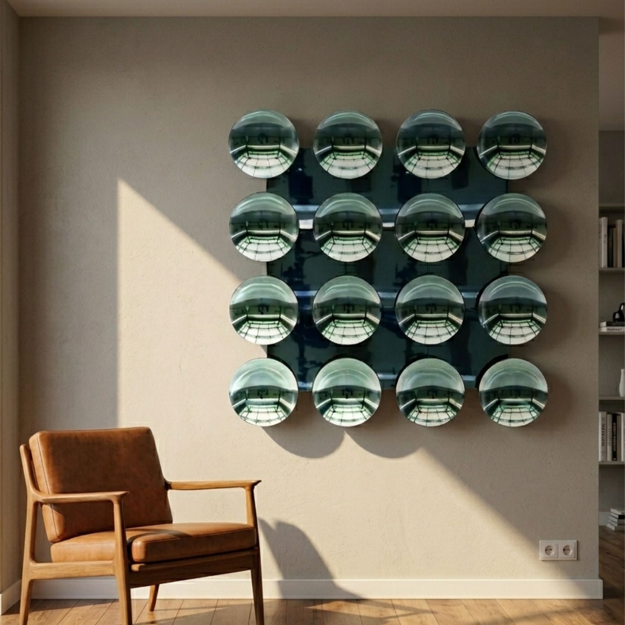 Dome Emerald Green Acrylic 3D Wall Art by Giant Sculptures displayed on a warm grey wall above a tan leather armchair in a sunlit modern living room.