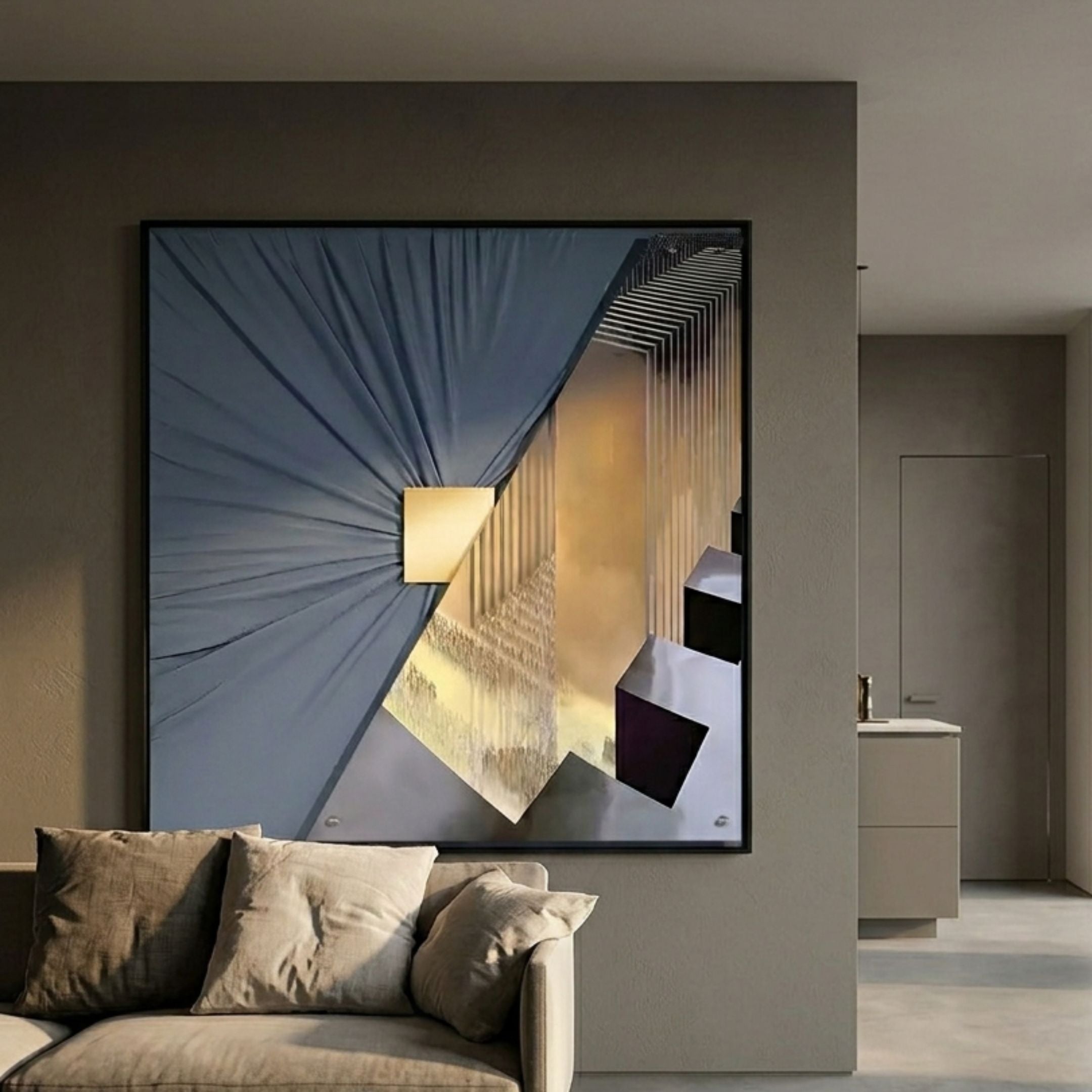 Urbanist IV Abstract Architecture Acrylic & Leather 3D Wall Art by Giant Sculptures with blue leather drape, gold square, and grey geometric panels above a neutral sofa.